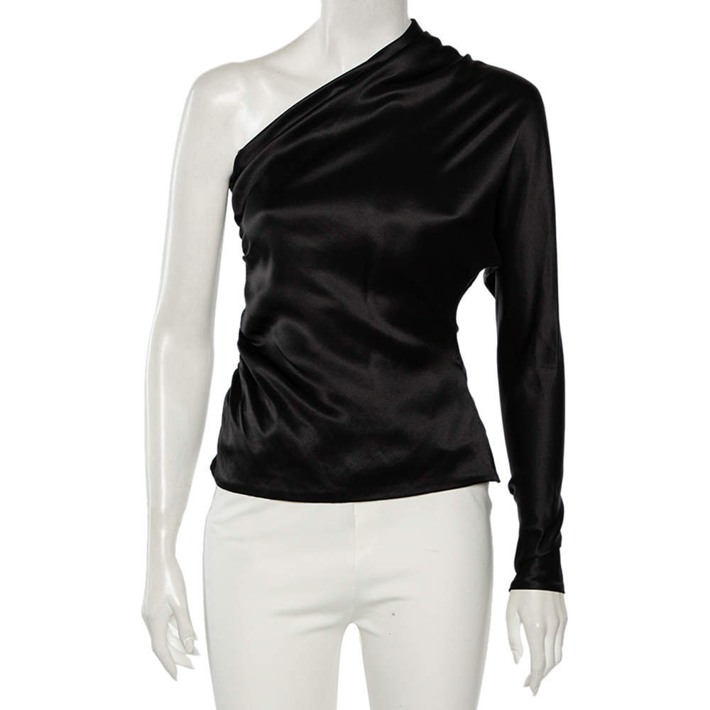 Pre Owned Ralph Lauren Black Silk Gathered Detail One Shoulder Top S
