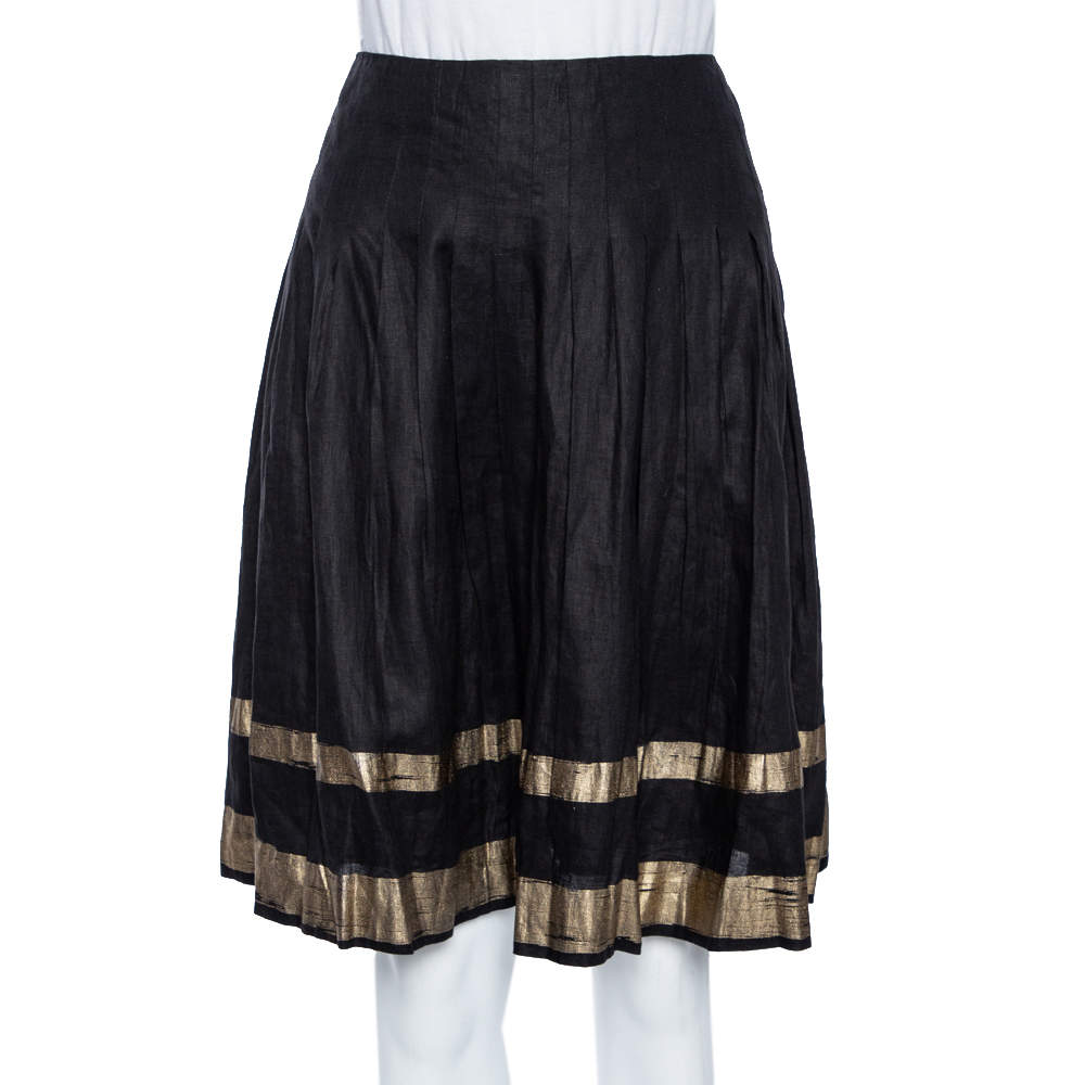 Pre Owned Ralph Lauren Black & Gold Striped Linen Pleated Kristine Skirt M