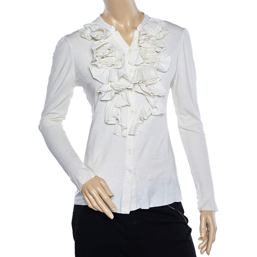 Ralph Lauren Off White Knit Ruffled Neck Button Front Top L