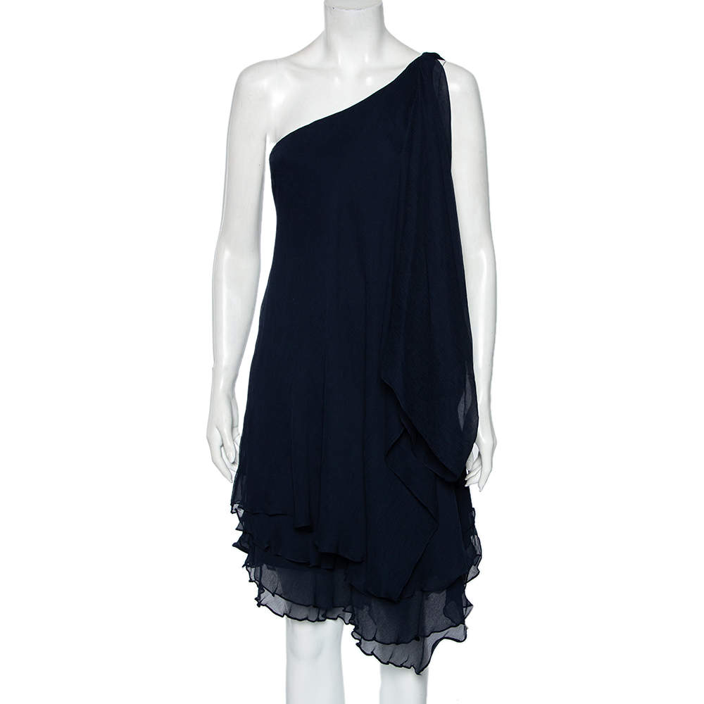Pre Owned Ralph Lauren Navy Blue Silk Chiffon Tiered One Shoulder Mini Dress L