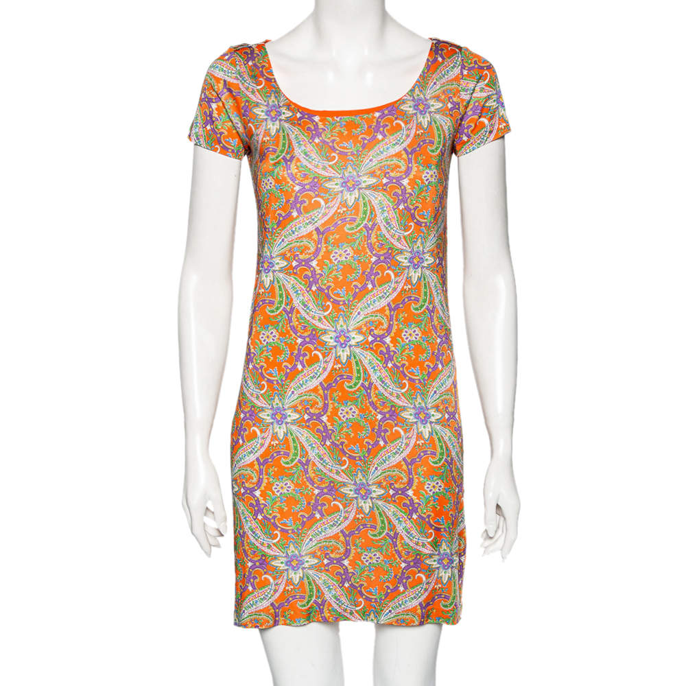 Pre Owned Ralph Lauren Orange Printed Jersey Short Sleeve Dress S