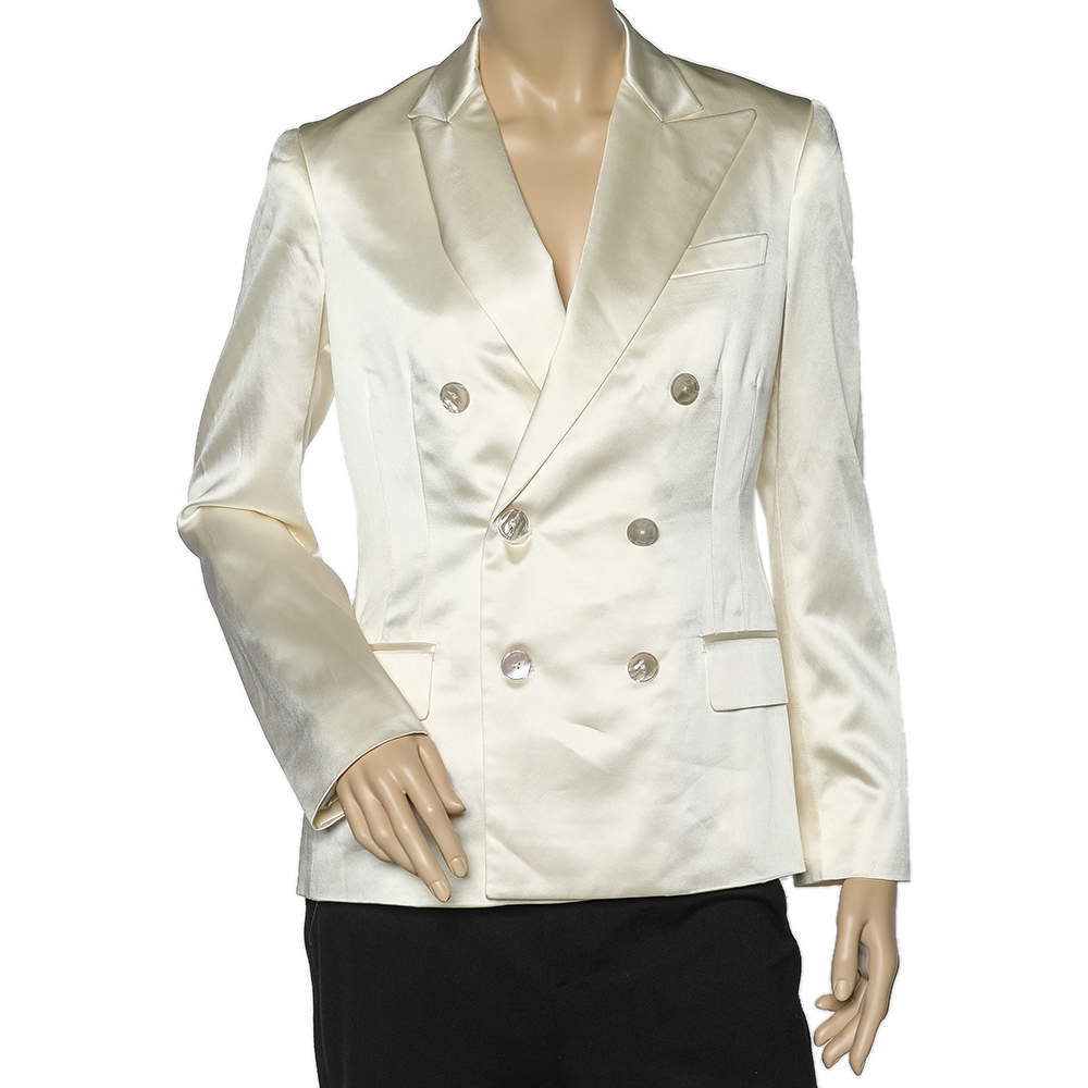 Pre Owned Ralph Lauren Off-White Satin Double Breasted Blazer M