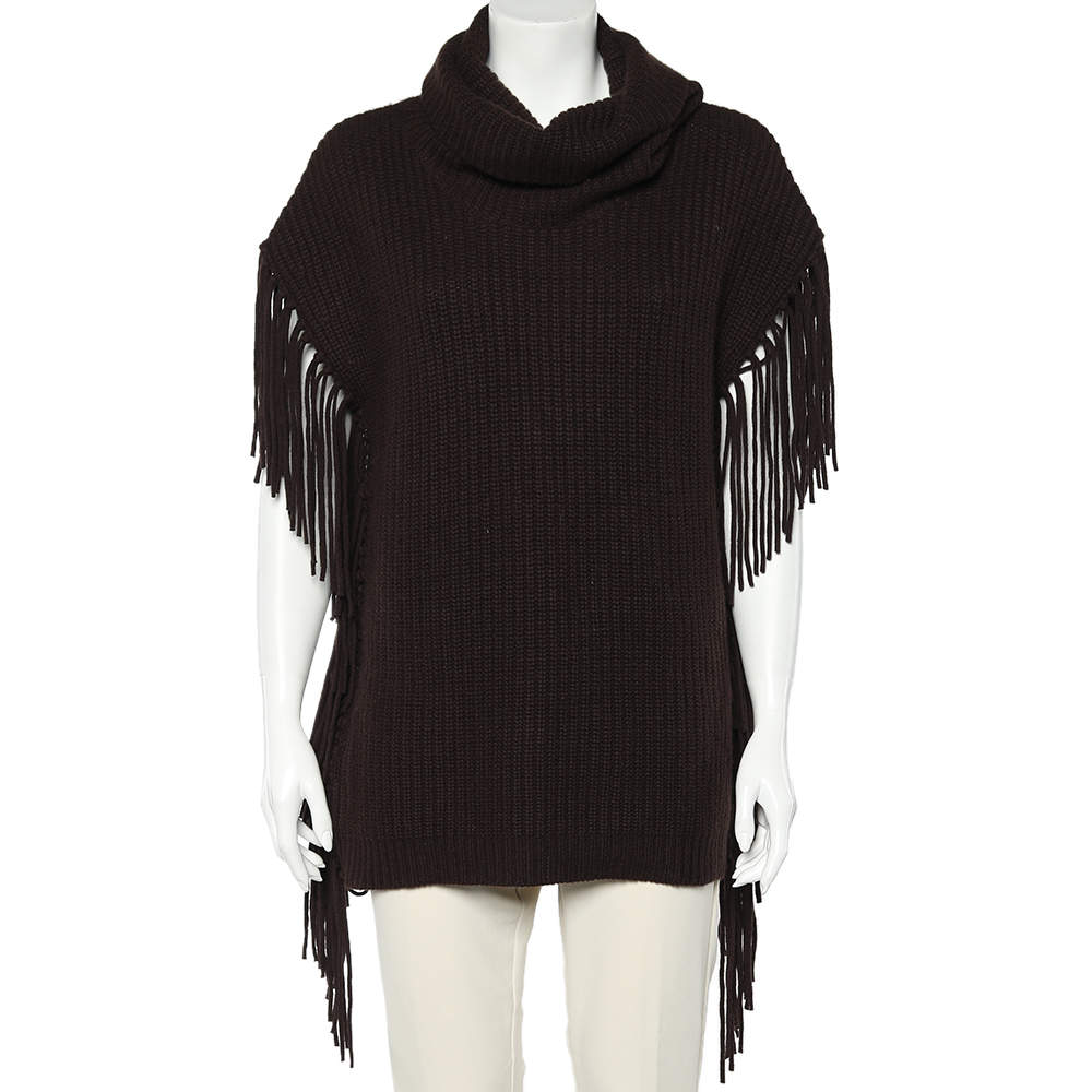 Pre Owned Ralph Lauren Brown Wool & Cashmere Knit Fringed Turtle Neck Sweater L