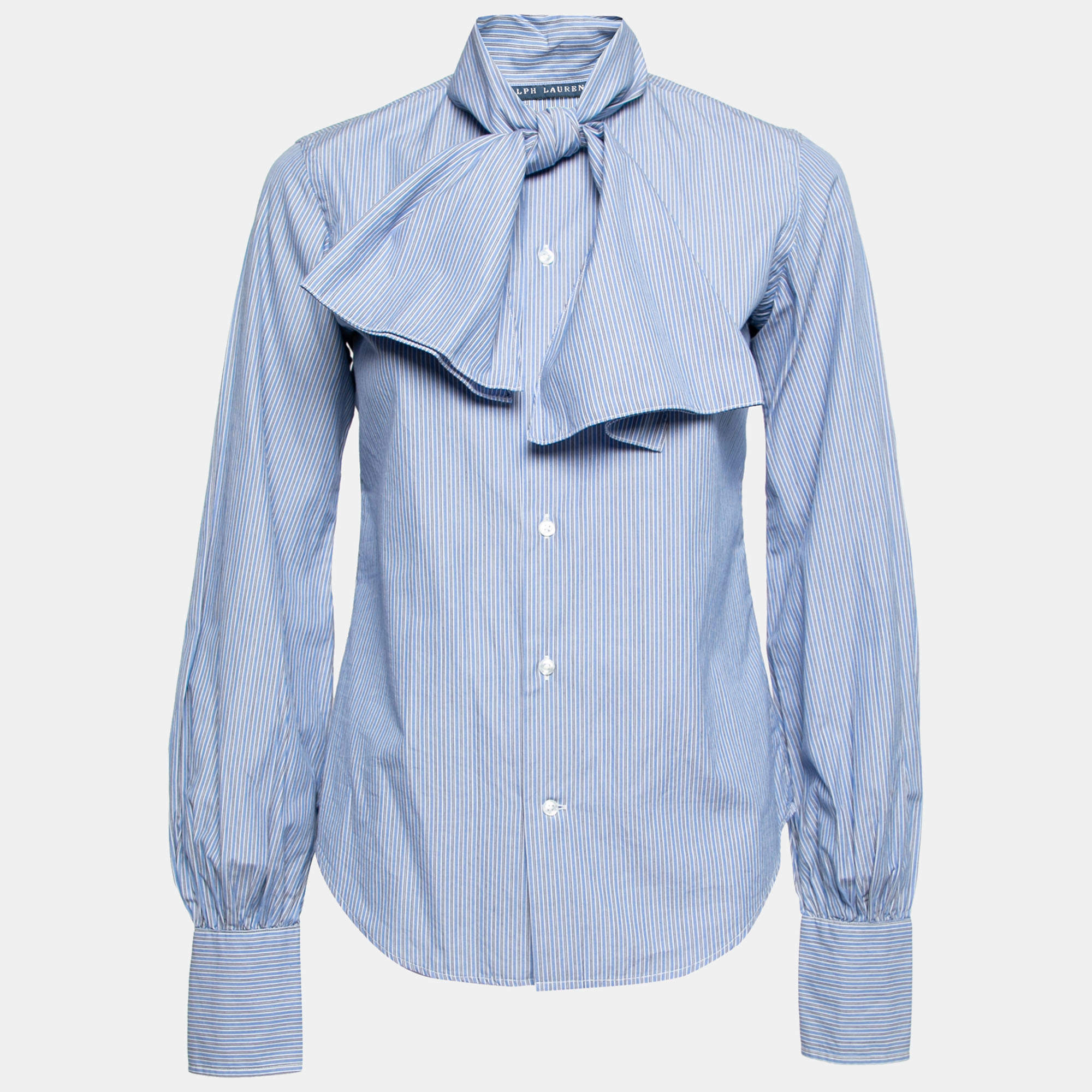 Ralph Lauren Blue Striped Cotton Neck Tie Detail Shirt S