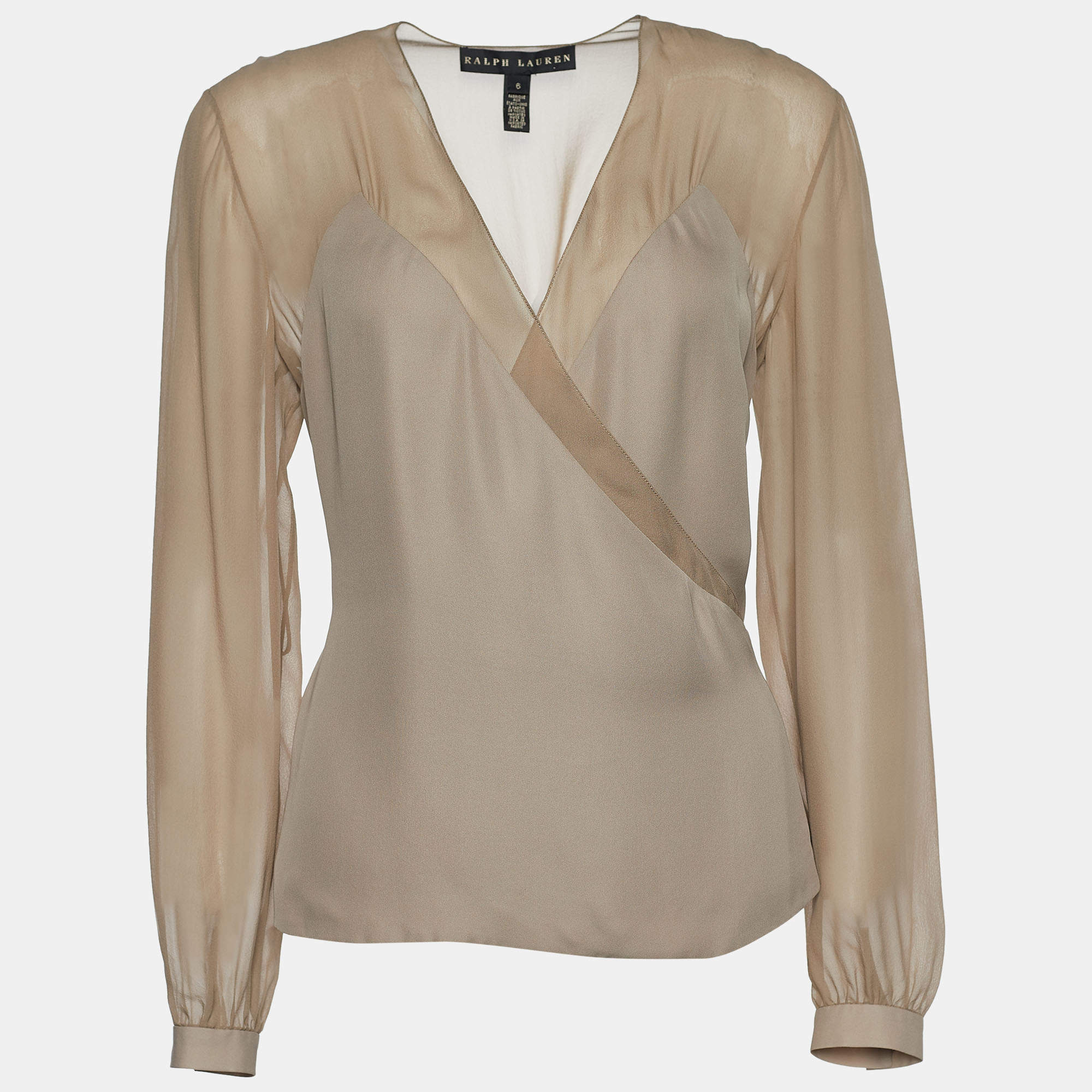 Pre Owned Ralph Lauren Beige Silk Sheer Yoke Wrap Top M