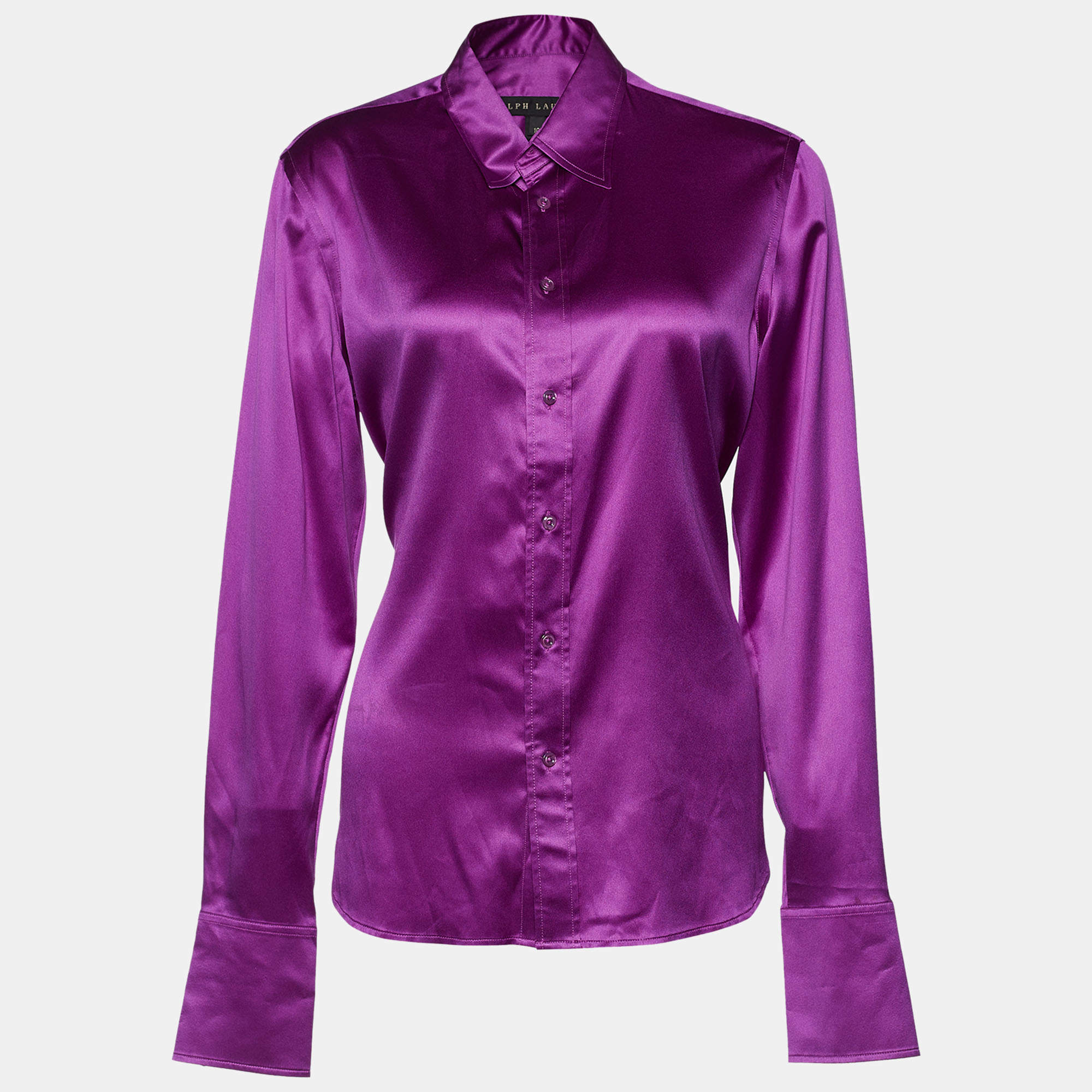 Pre Owned Ralph Lauren Purple Satin Silk Button Front Shirt L