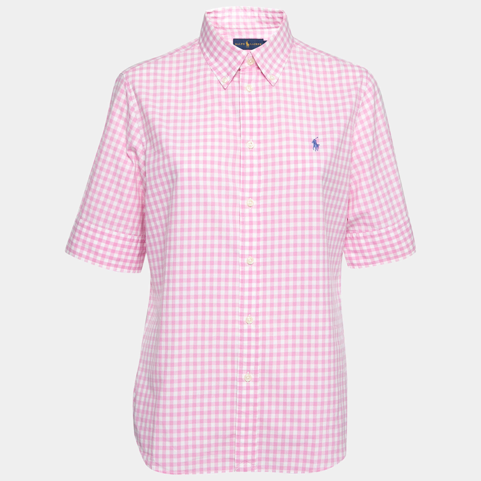 Pre Owned Ralph Lauren Pink Gingham Check Cotton Button Front Short Sleeve Shirt L