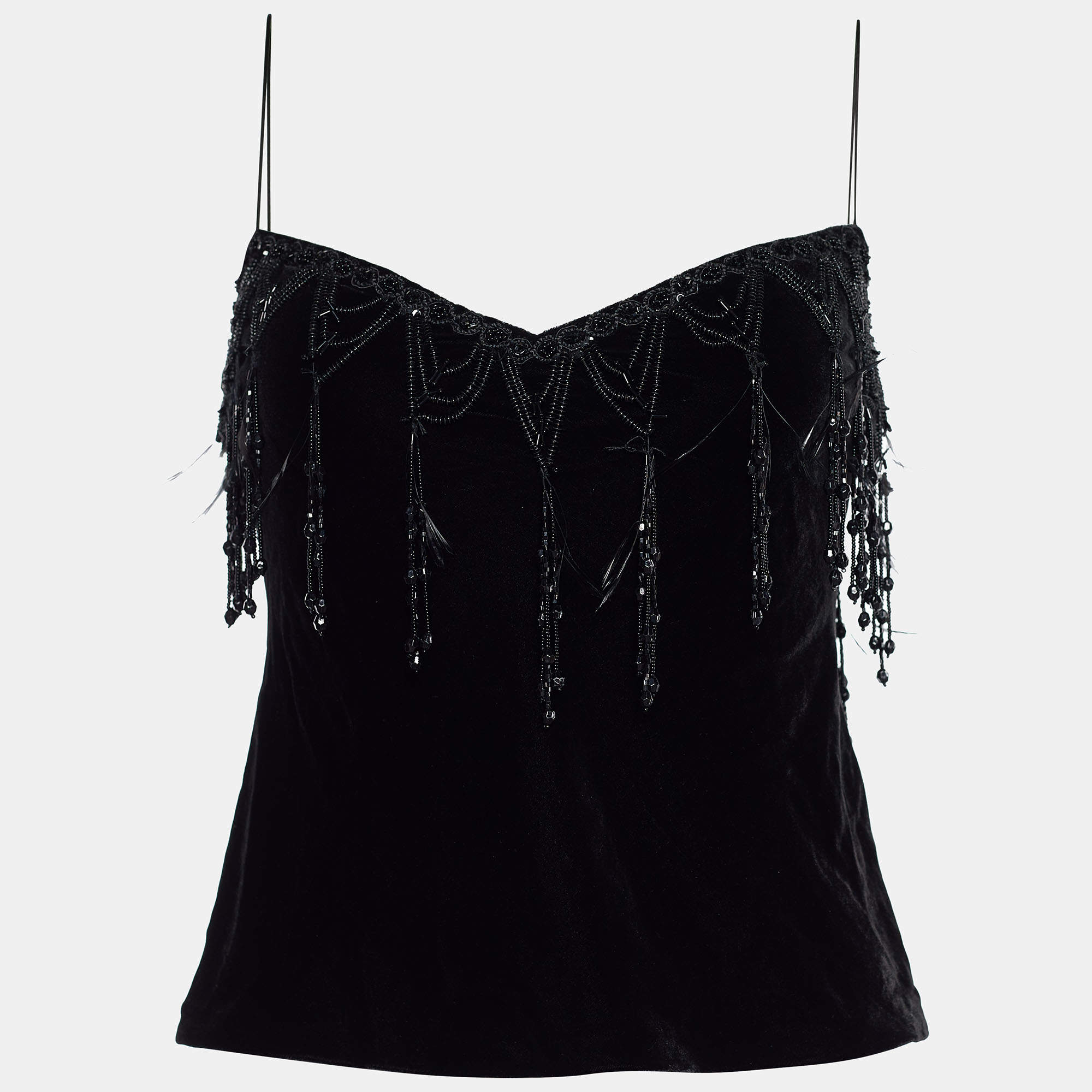 Pre Owned Ralph Lauren Black Velvet Feather & Bead Embellished Sleeveless Top S