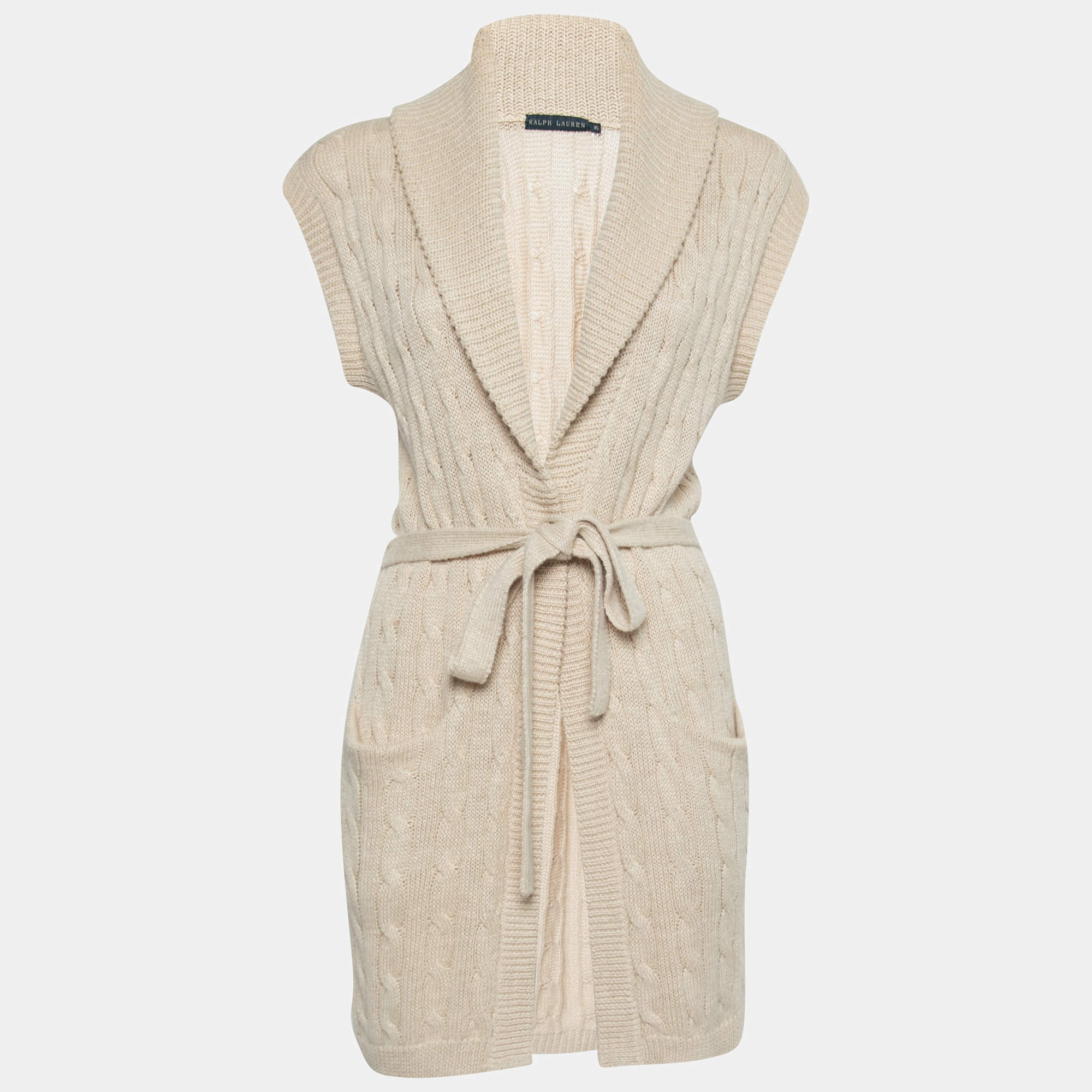 Pre Owned Ralph Lauren Light Beige Linen & Alpaca Cable Knit Sleeveless Open Front Cardigan XS