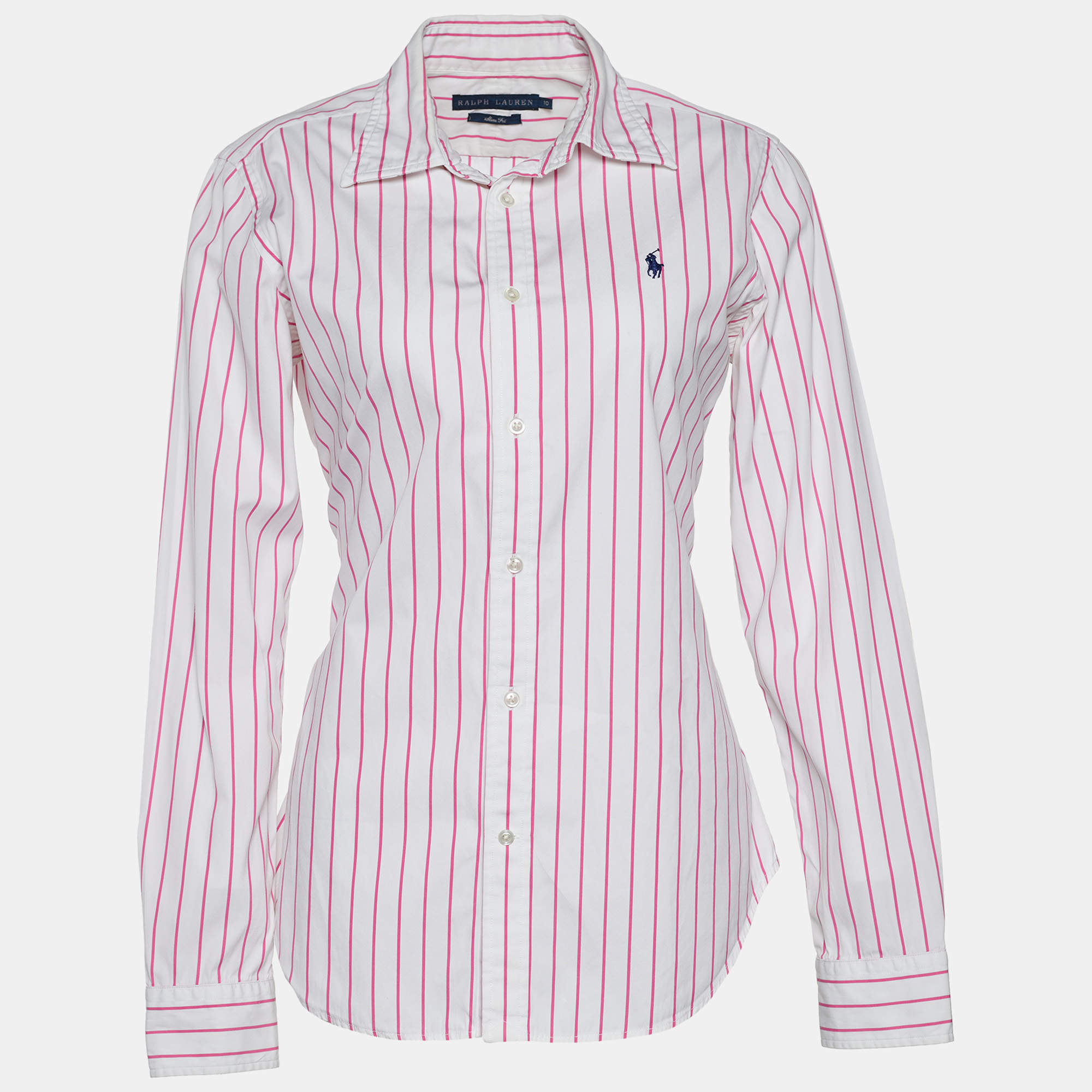 Pre Owned قميص رالف لورين قطن مخطط وردي وأبيض قصة سليم مقاس كبير - لارج