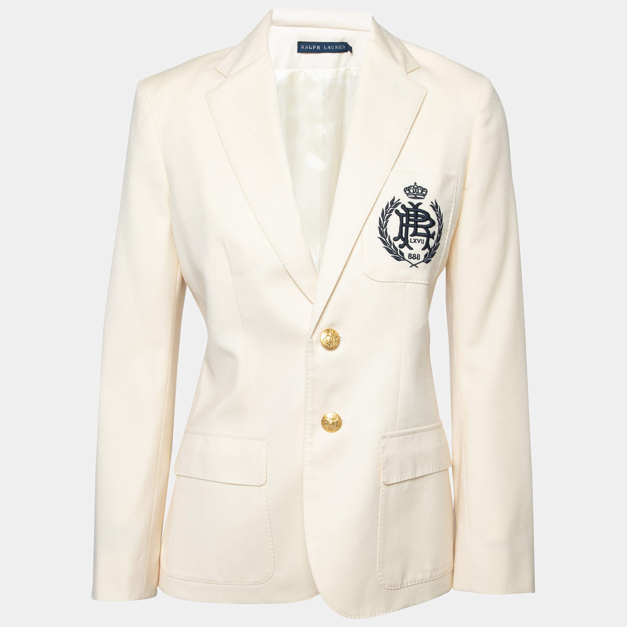 Pre Owned Ralph Lauren Cream Wool Crest Embroidered Single Breasted Blazer S