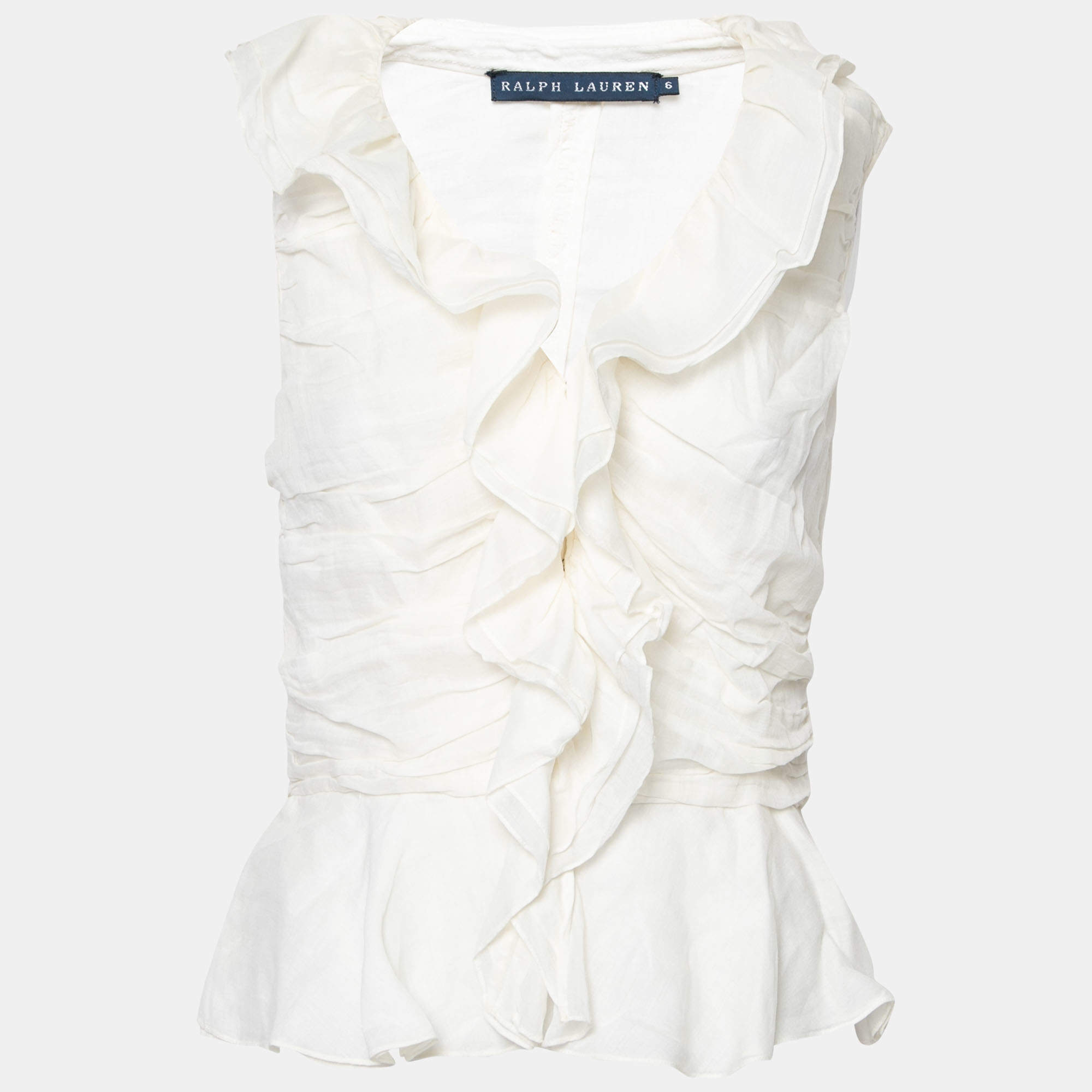 Pre Owned Ralph Lauren Cream Ramie Ruffled Peplum Top M