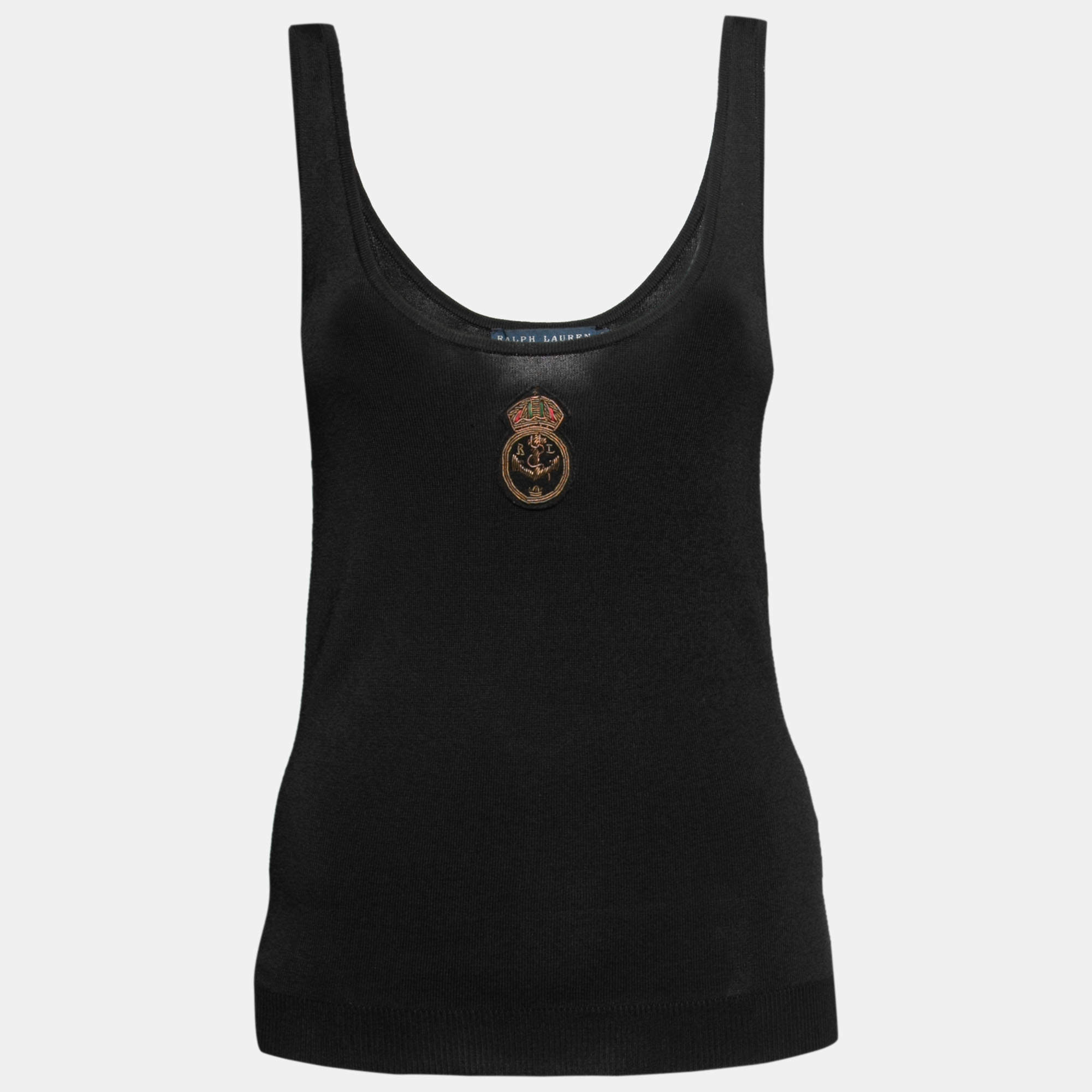Pre Owned Ralph Lauren Black Knit Logo Crest Embroidered Sleeveless Top S