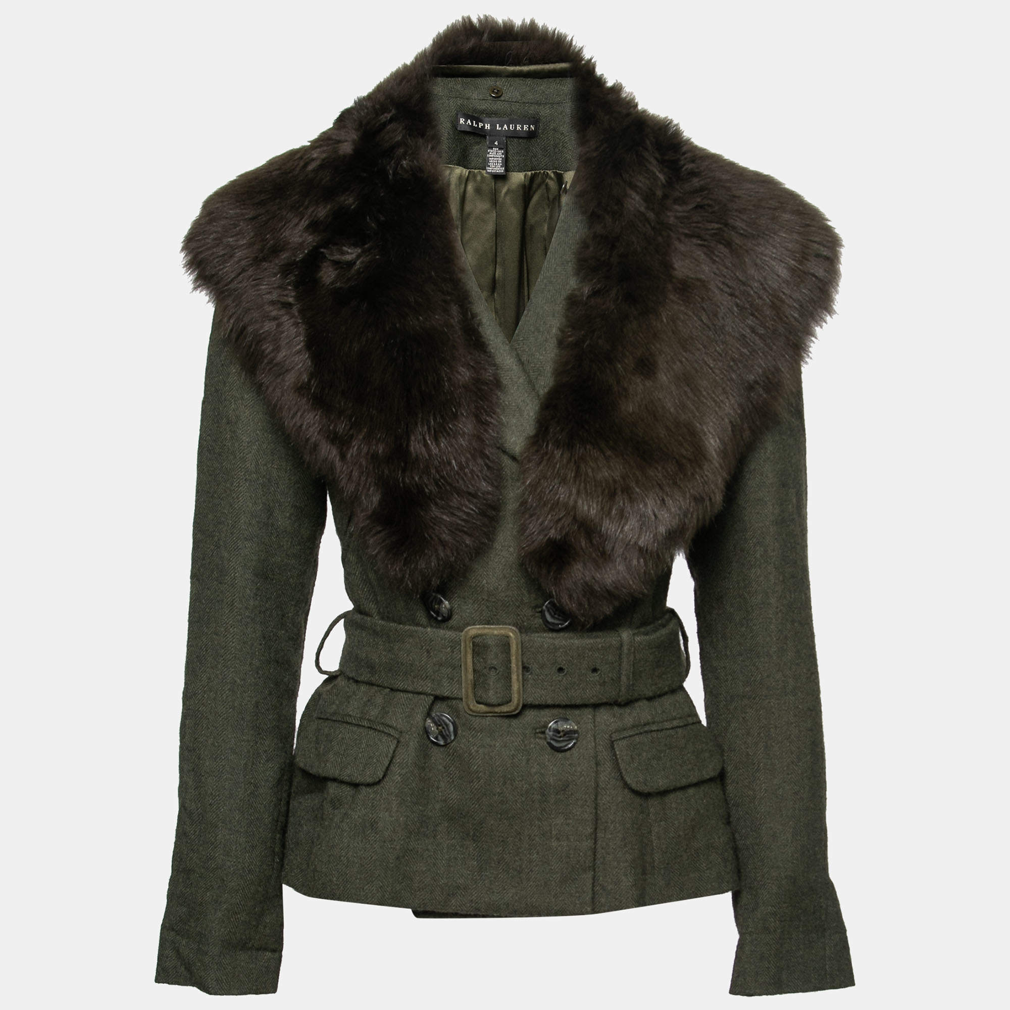 مملوكة مسبقًا Ralph Lauren Green Alpaca Wool & Shearling Fur Trimmed Double Breasted Jacket S