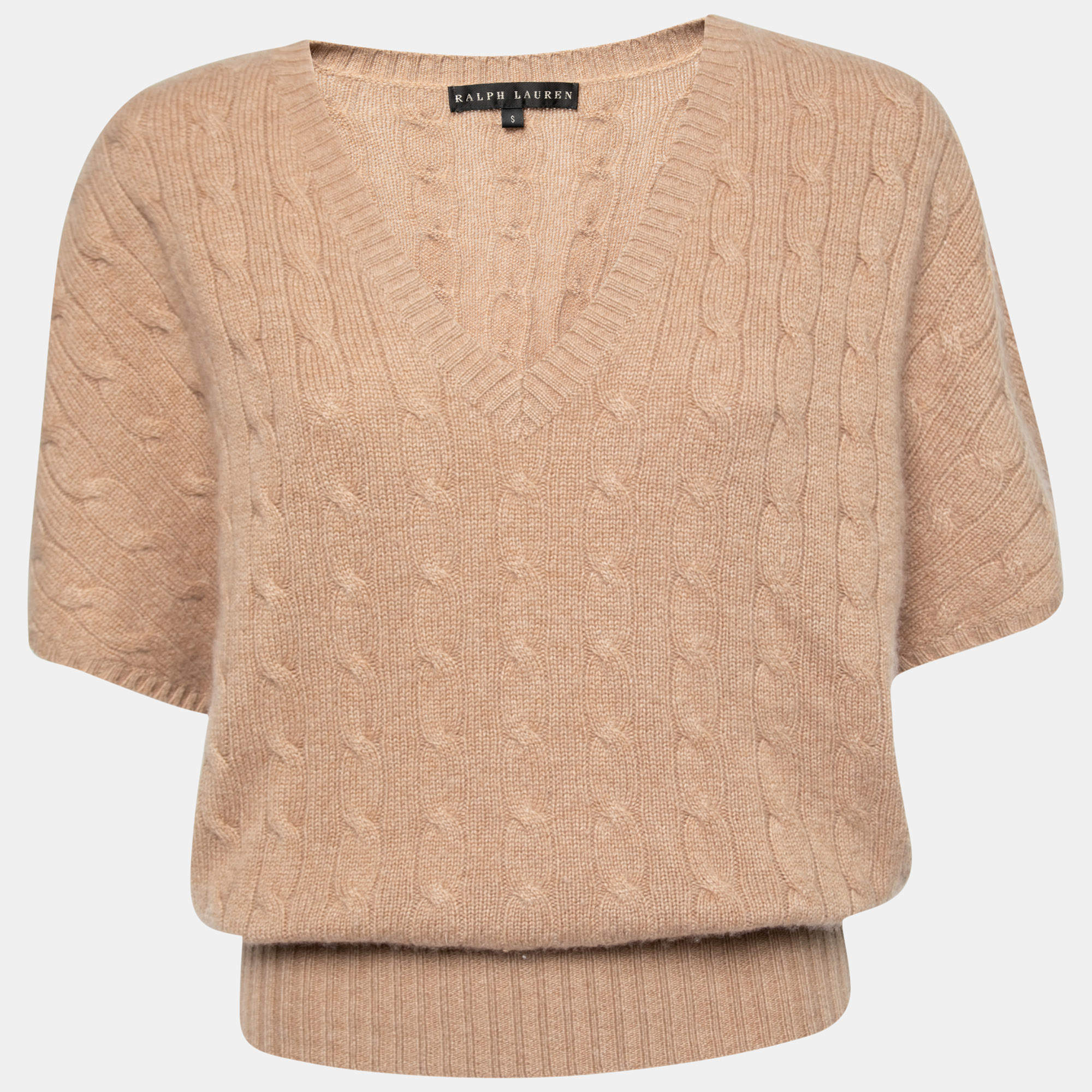 Pre Owned Ralph Lauren Beige Cable Knit Cashmere V-Neck Sweater S
