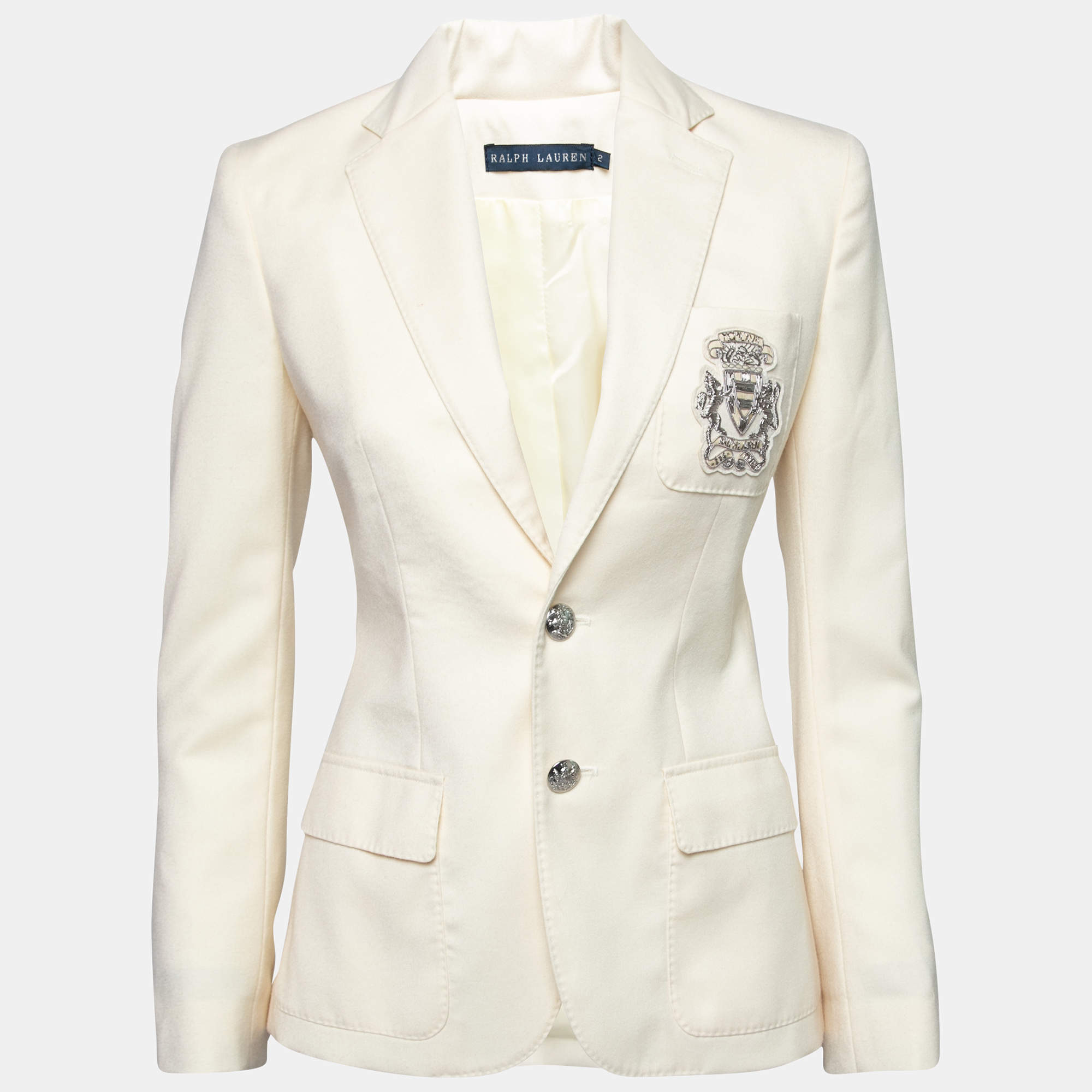 Pre Owned Ralph Lauren Cream Wool Crest Embroidered Single Breasted Blazer S