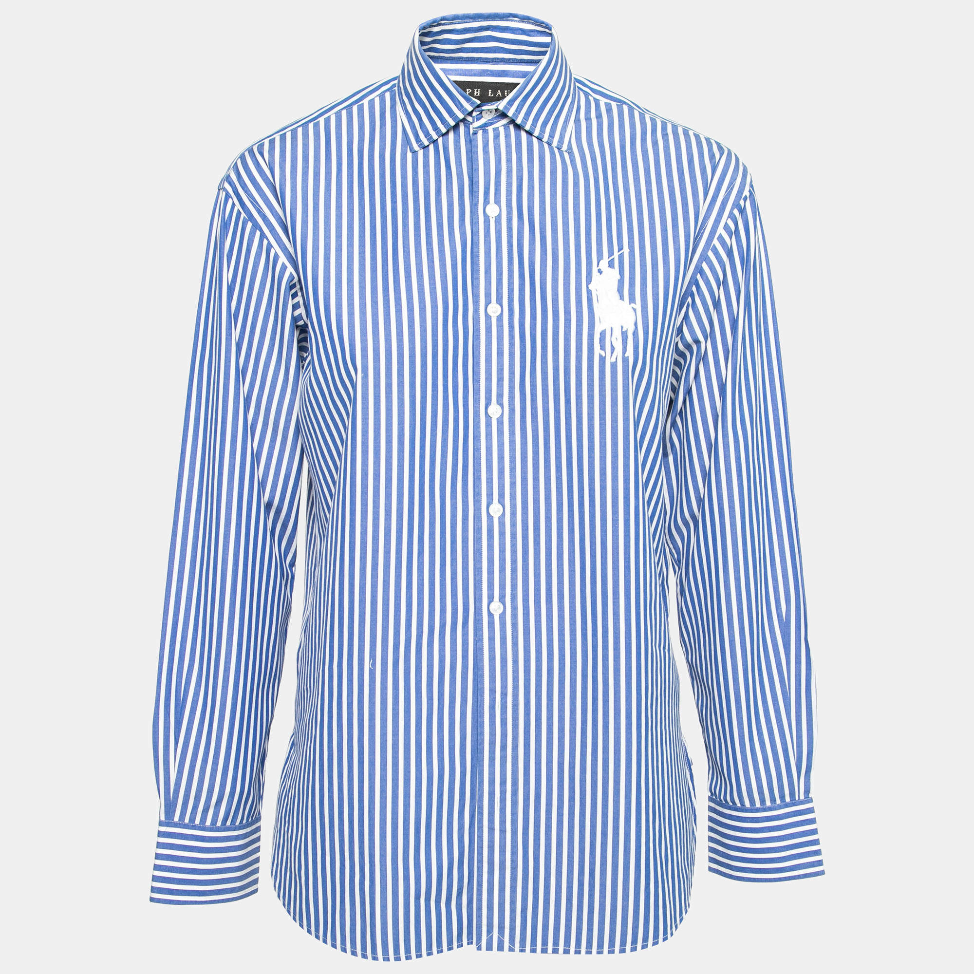 Pre Owned Ralph Lauren Blue Striped Cotton Button Front Shirt M