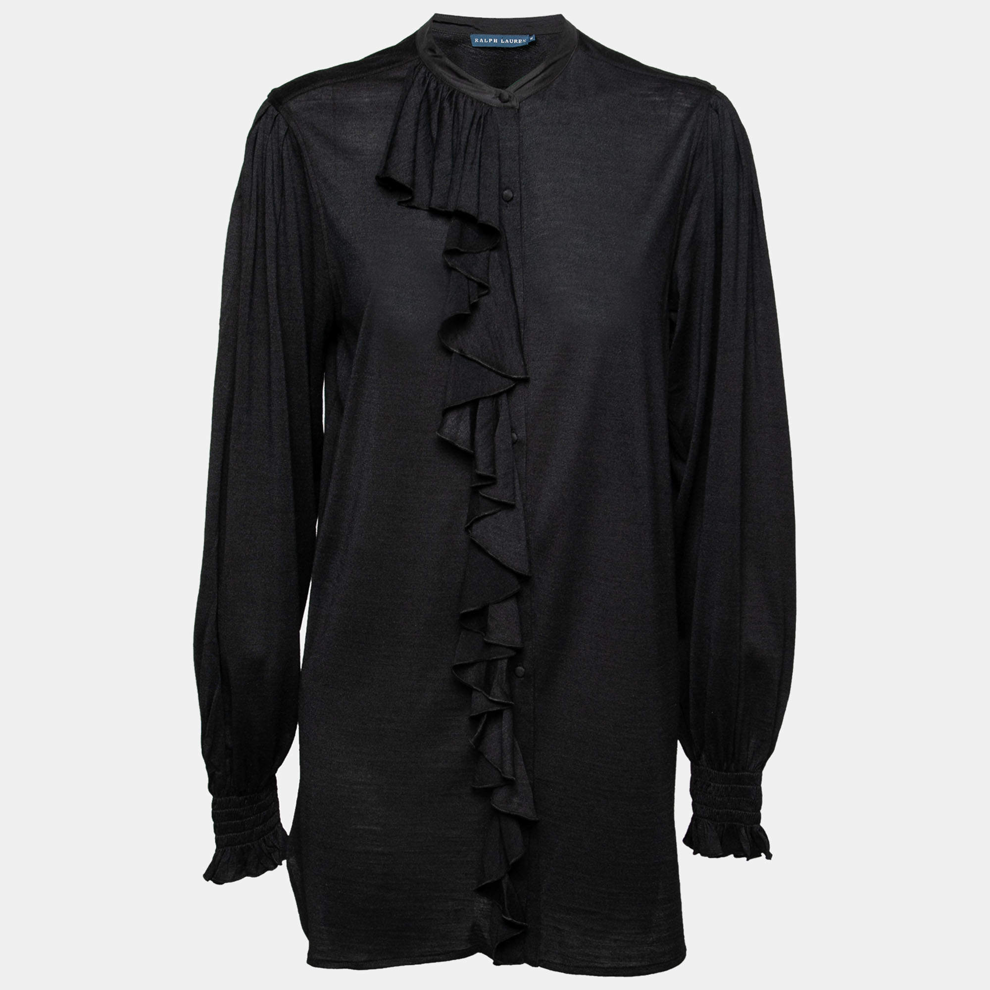 مملوكة مسبقًا Ralph Lauren Black Silk Ruffled Neck Top M