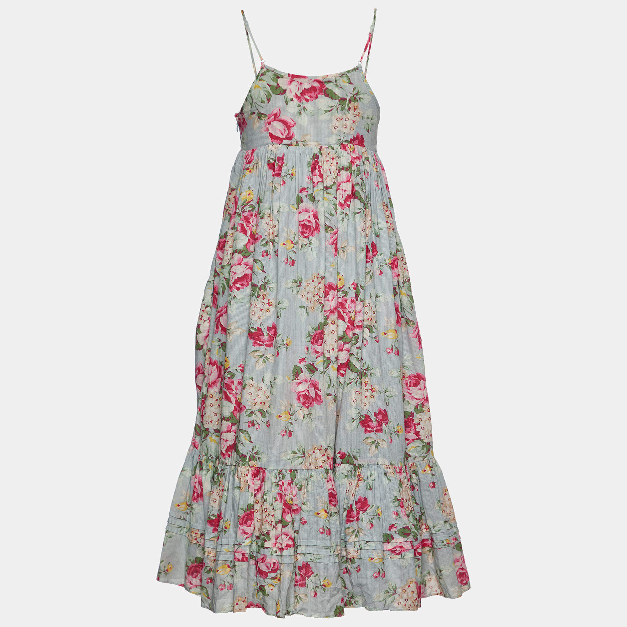 Pre Owned Ralph Lauren Light Blue Floral Print Cotton Sleeveless Midi Dress XL
