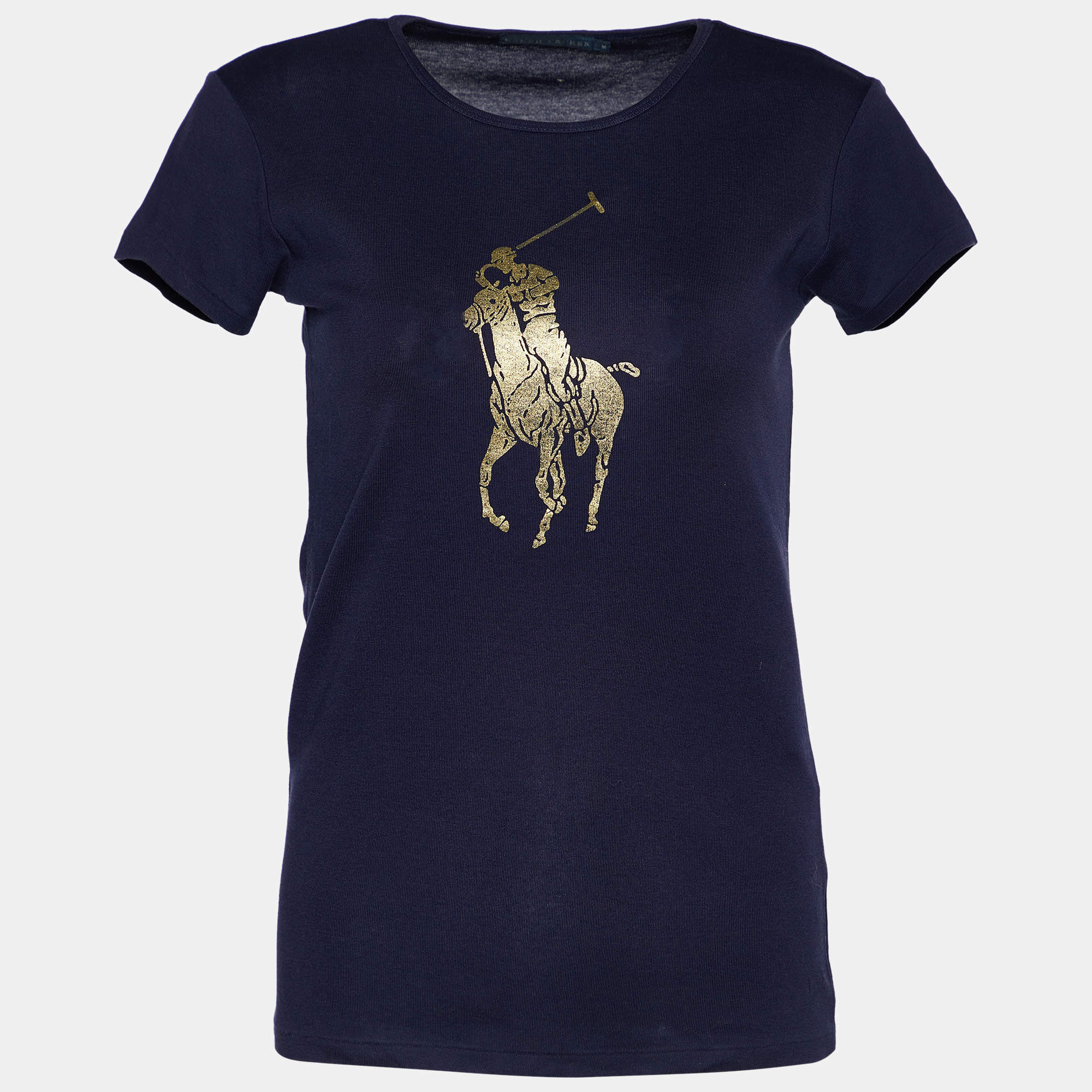 Pre Owned Ralph Lauren Navy Blue Logo Printed Cotton Knit T-Shirt M
