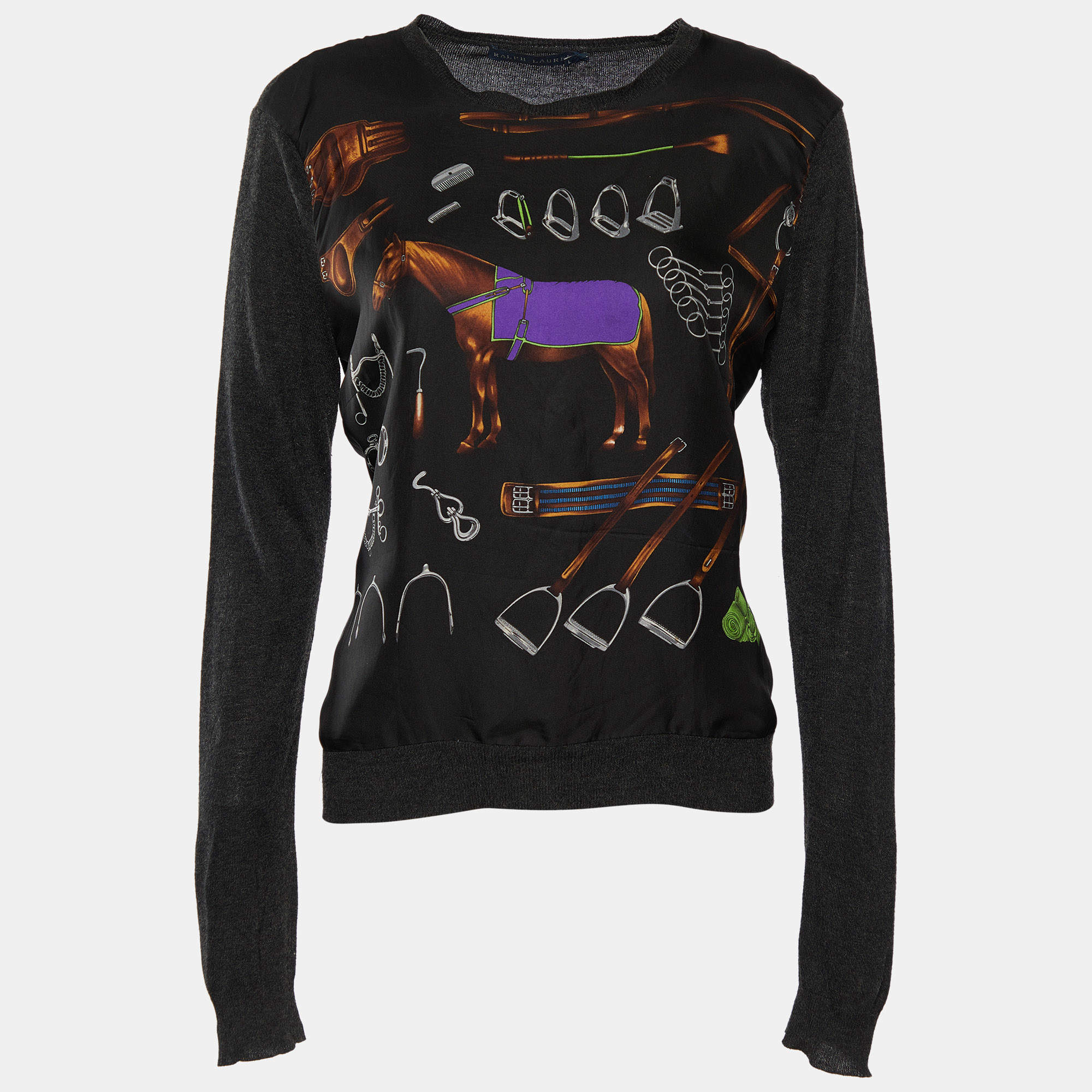 Pre Owned Ralph Lauren Black Equestrian Print Mulberry Silk & Knit Jumper L
