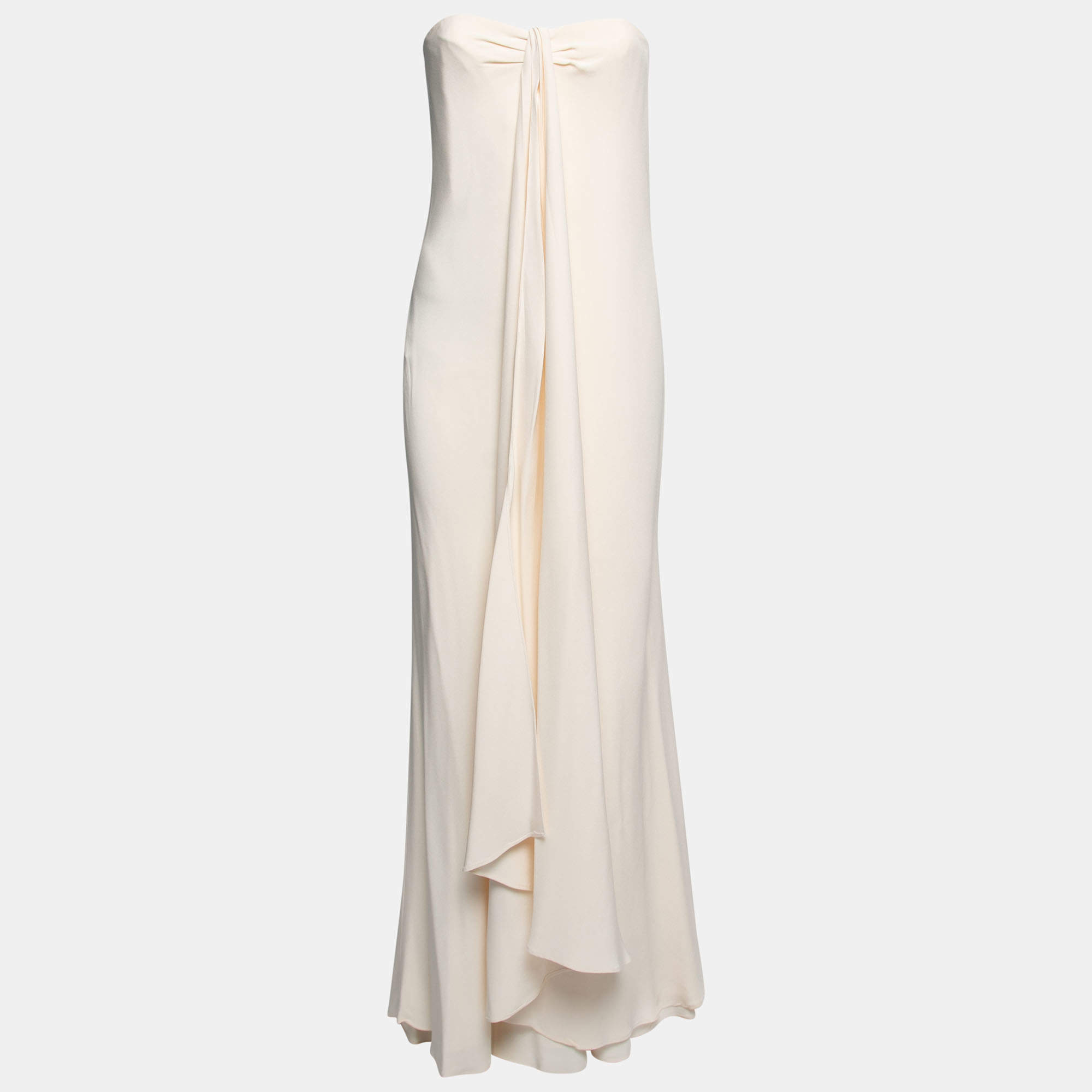 Pre Owned Ralph Lauren Cream Silk Crepe Strapless Maxi Dress M