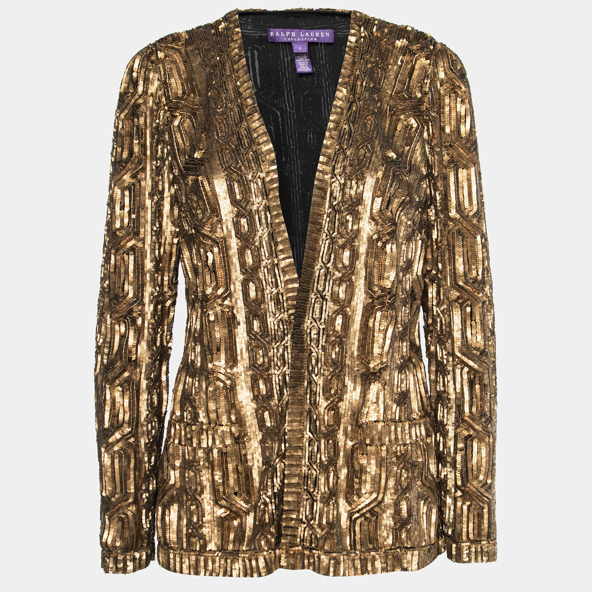 Ralph Lauren Gold Patterned Sequin Embellished Open Front Jacket M