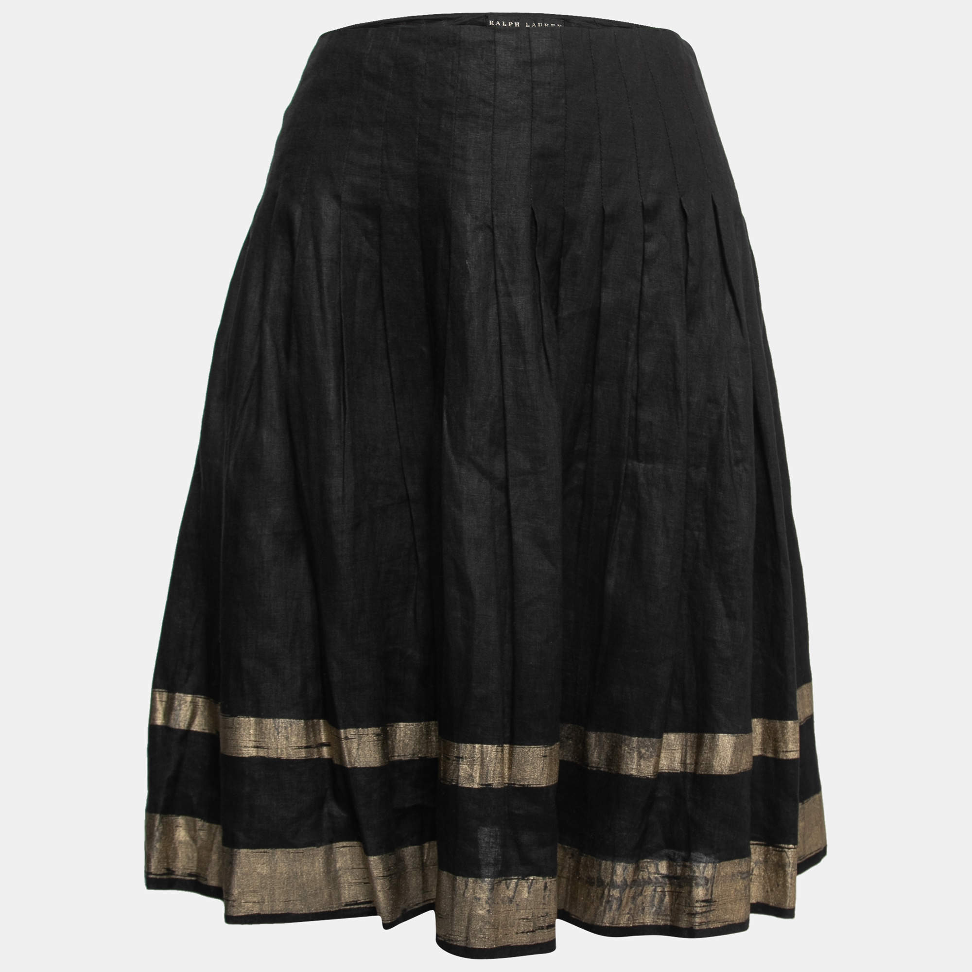 Ralph Lauren Black Linen Gold Striped Pleated Skirt M