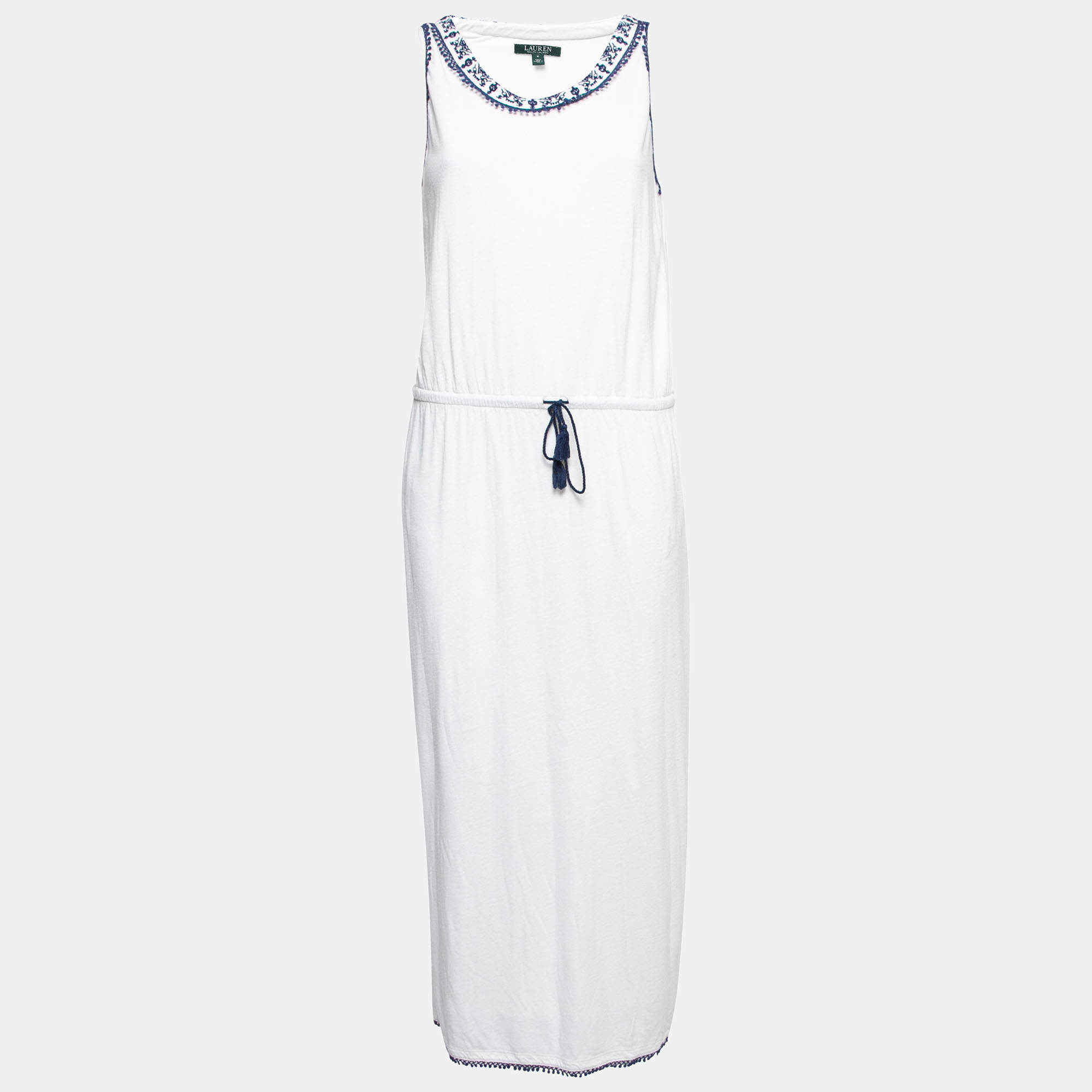 Pre Owned Ralph Lauren White Cotton Lace Trim Long Dress M