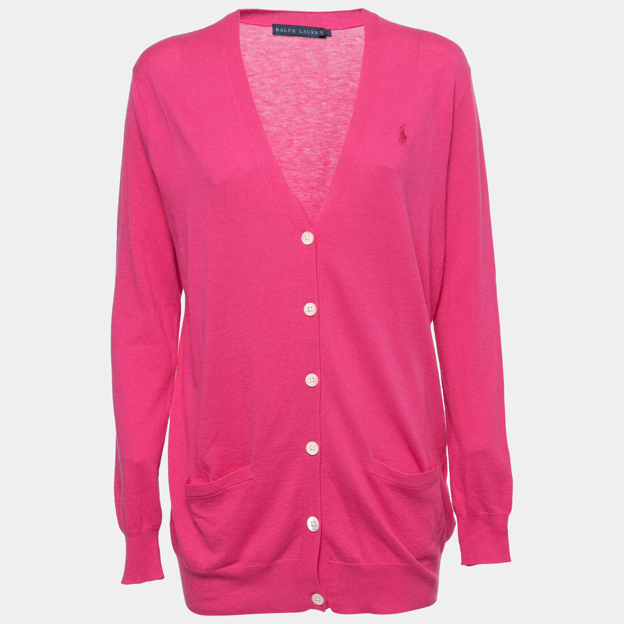 Pre Owned Ralph Lauren Pink Cotton Knit Buttoned Cardigan S