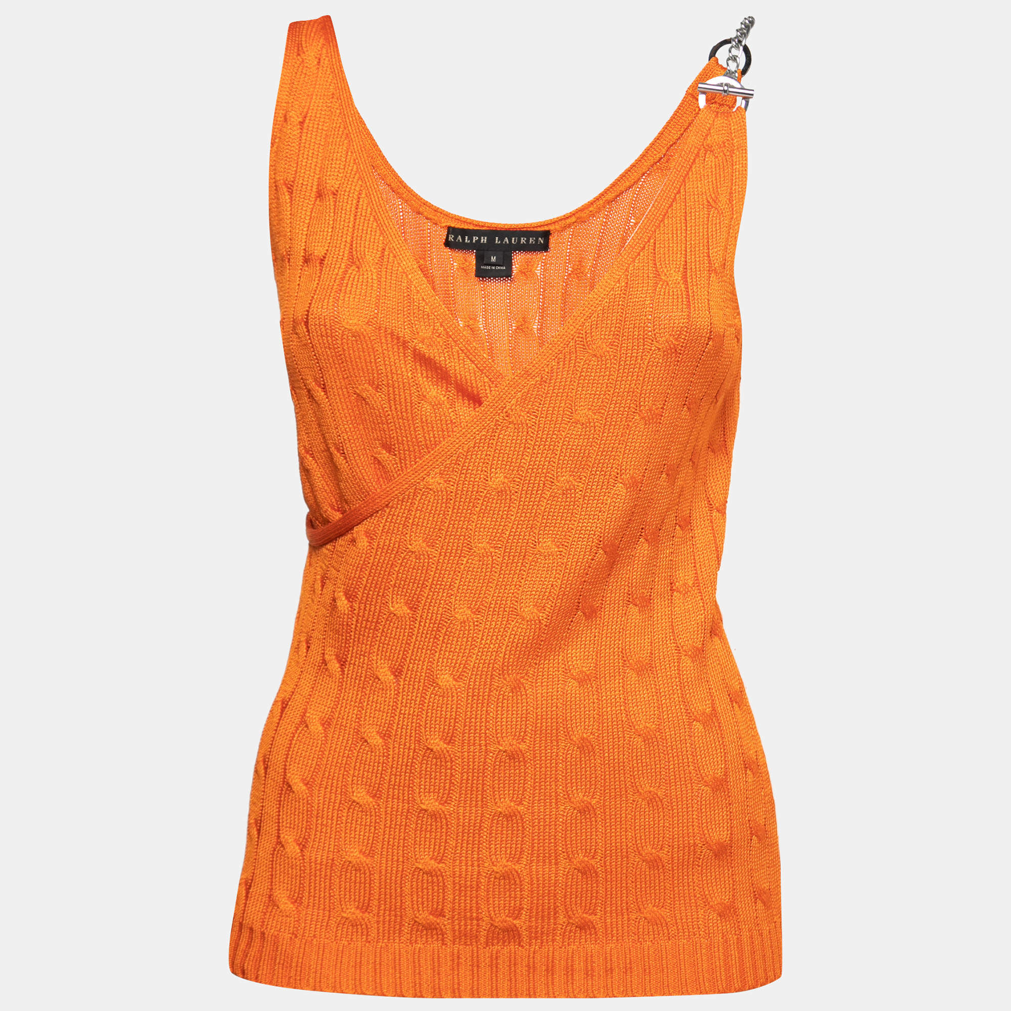 Pre Owned Ralph Lauren Orange Silk Knitted Top M