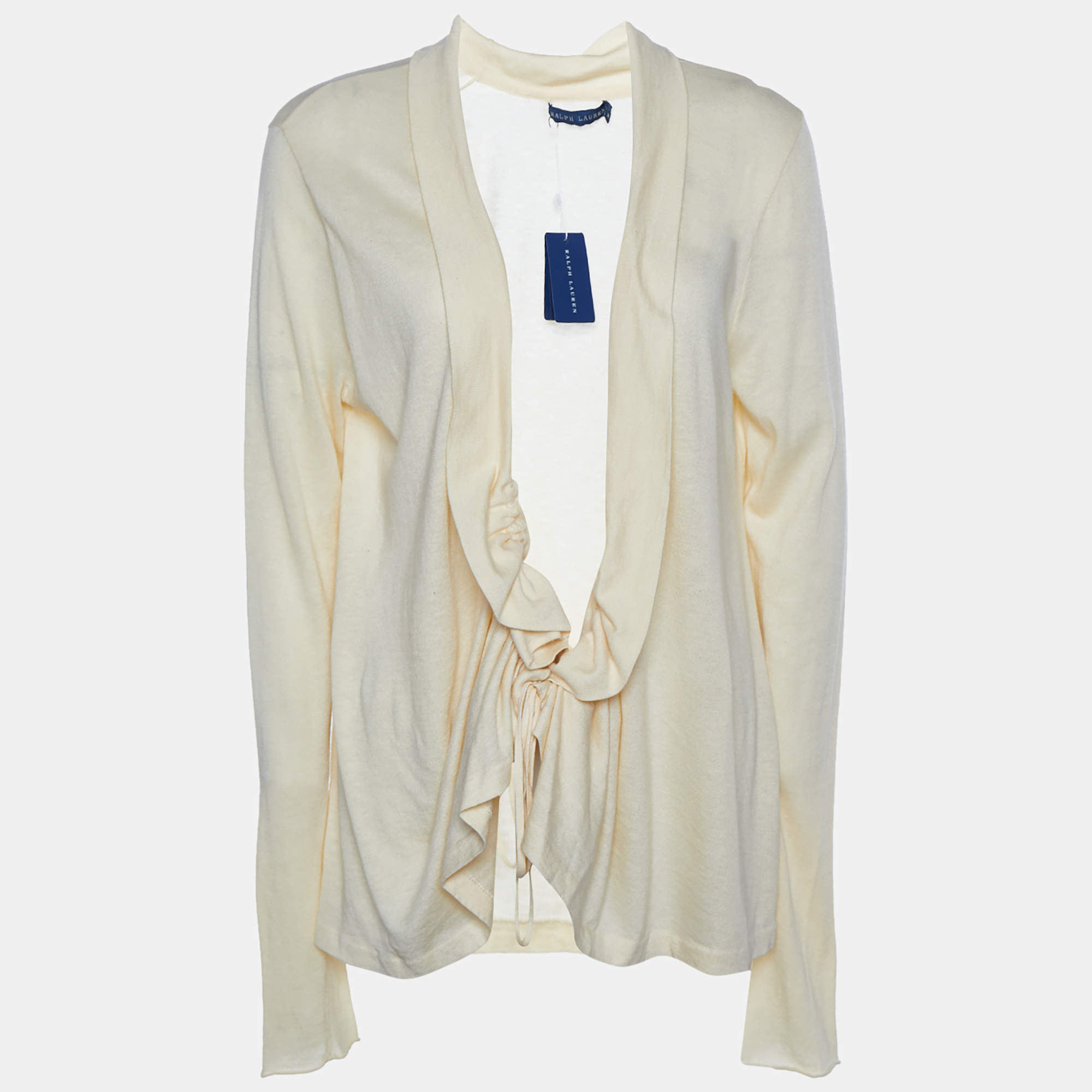 Pre Owned Ralph Lauren Cream Cotton Knit Drawstring Detail Open Front Cardigan XL