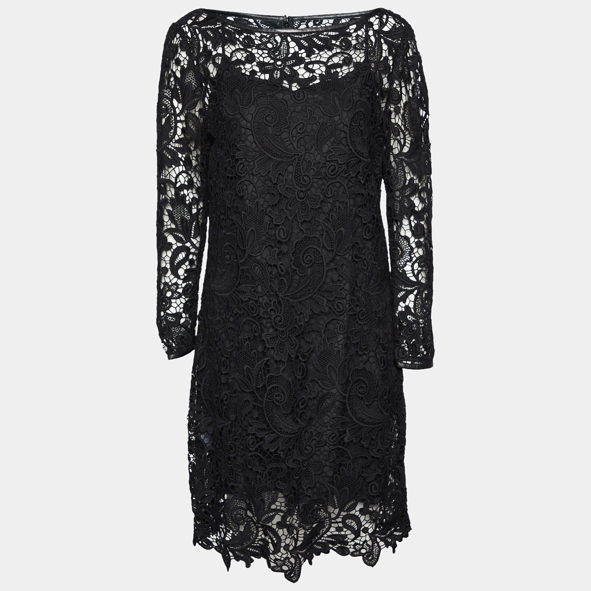 Pre Owned Ralph Lauren Black Lace & Leather Trim Merrill Dress L