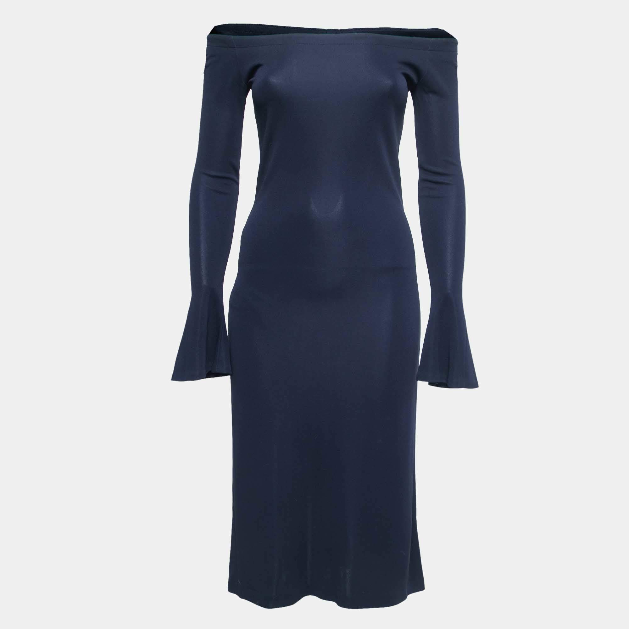 Pre Owned Ralph Lauren Navy Blue Jersey Knit Off Shoulder Midi Dress S