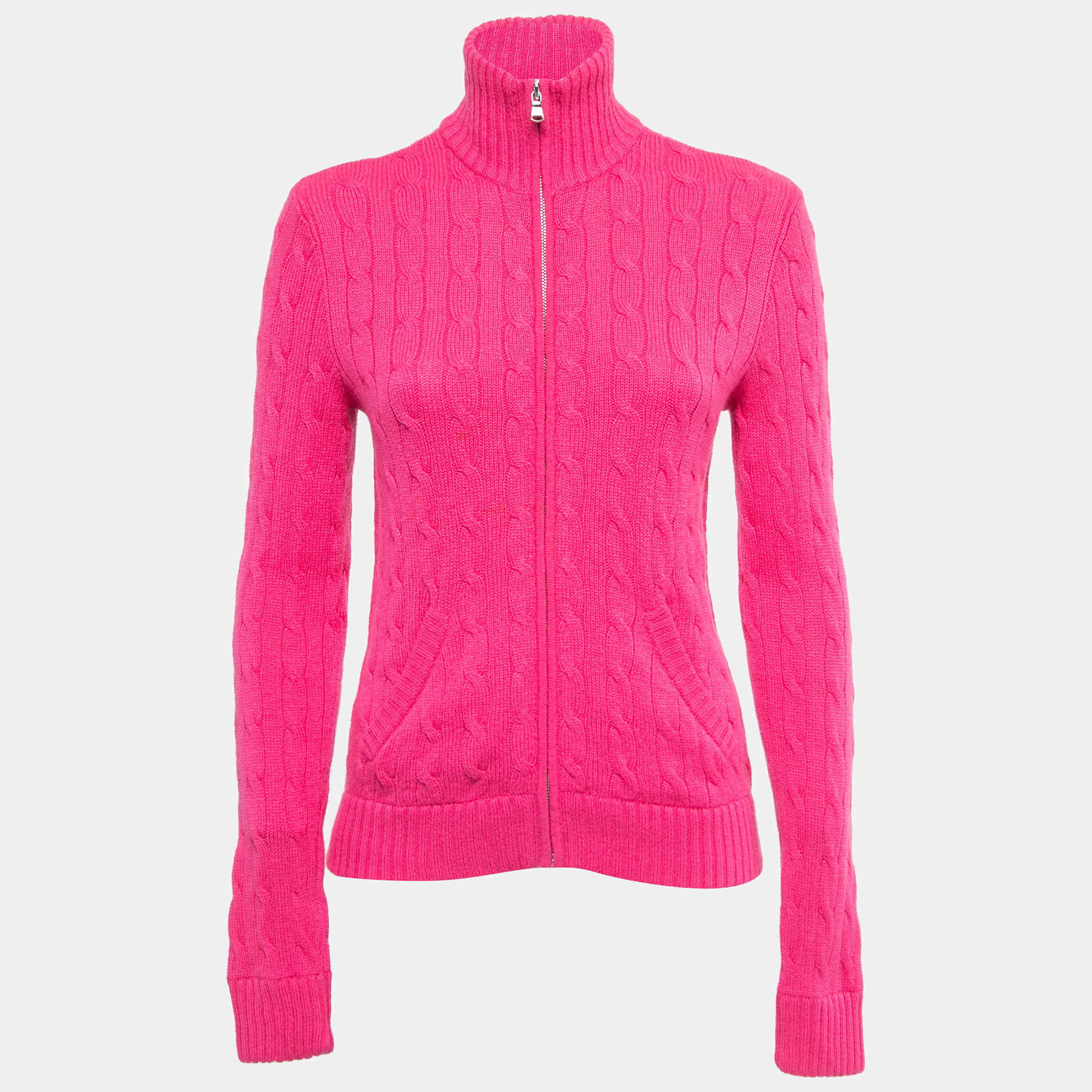 Pre Owned Ralph Lauren Pink Cashmere Knit Zip Up High Neck Cardigan M
