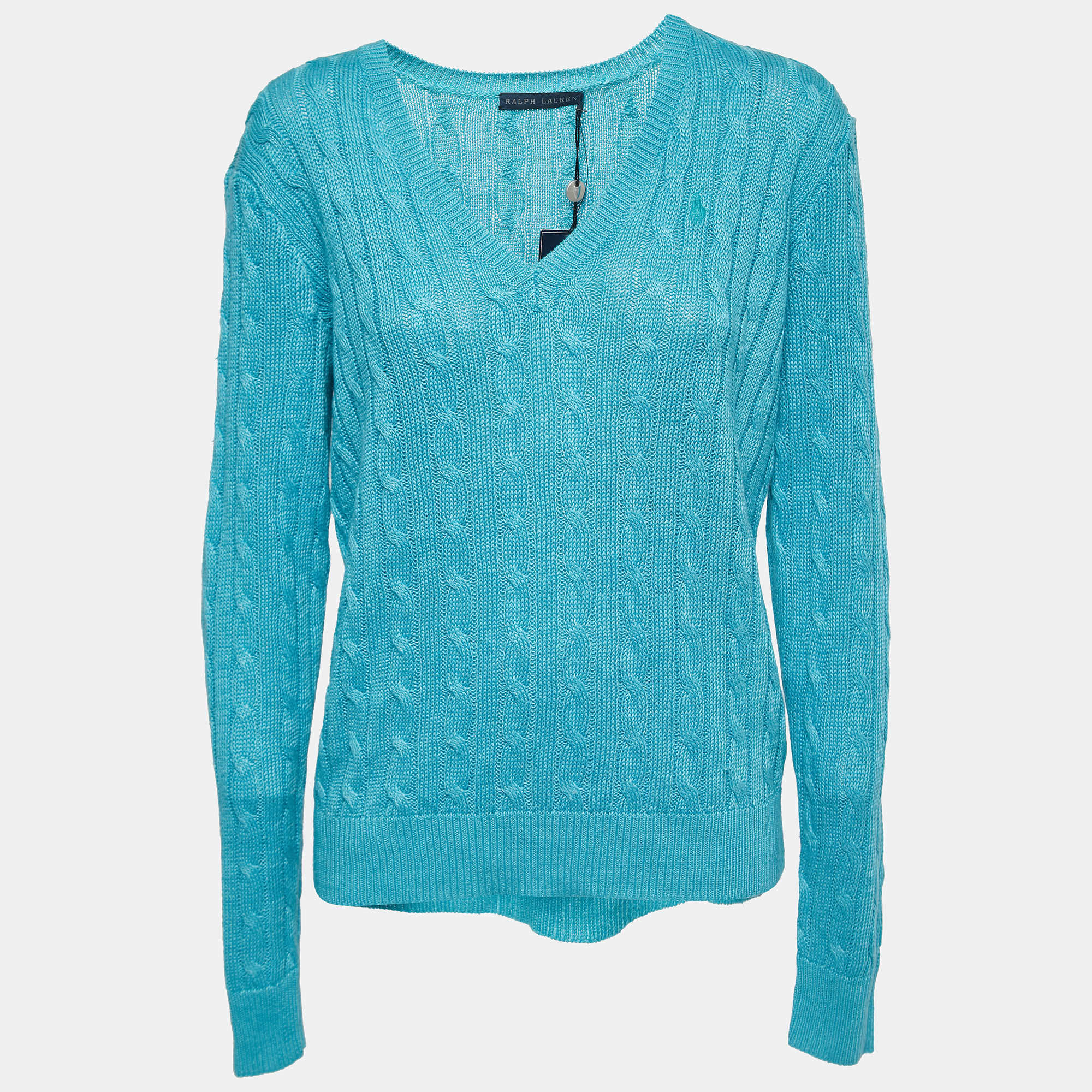 Pre Owned Ralph Lauren Blue Cable Knit V-Neck Sweater L