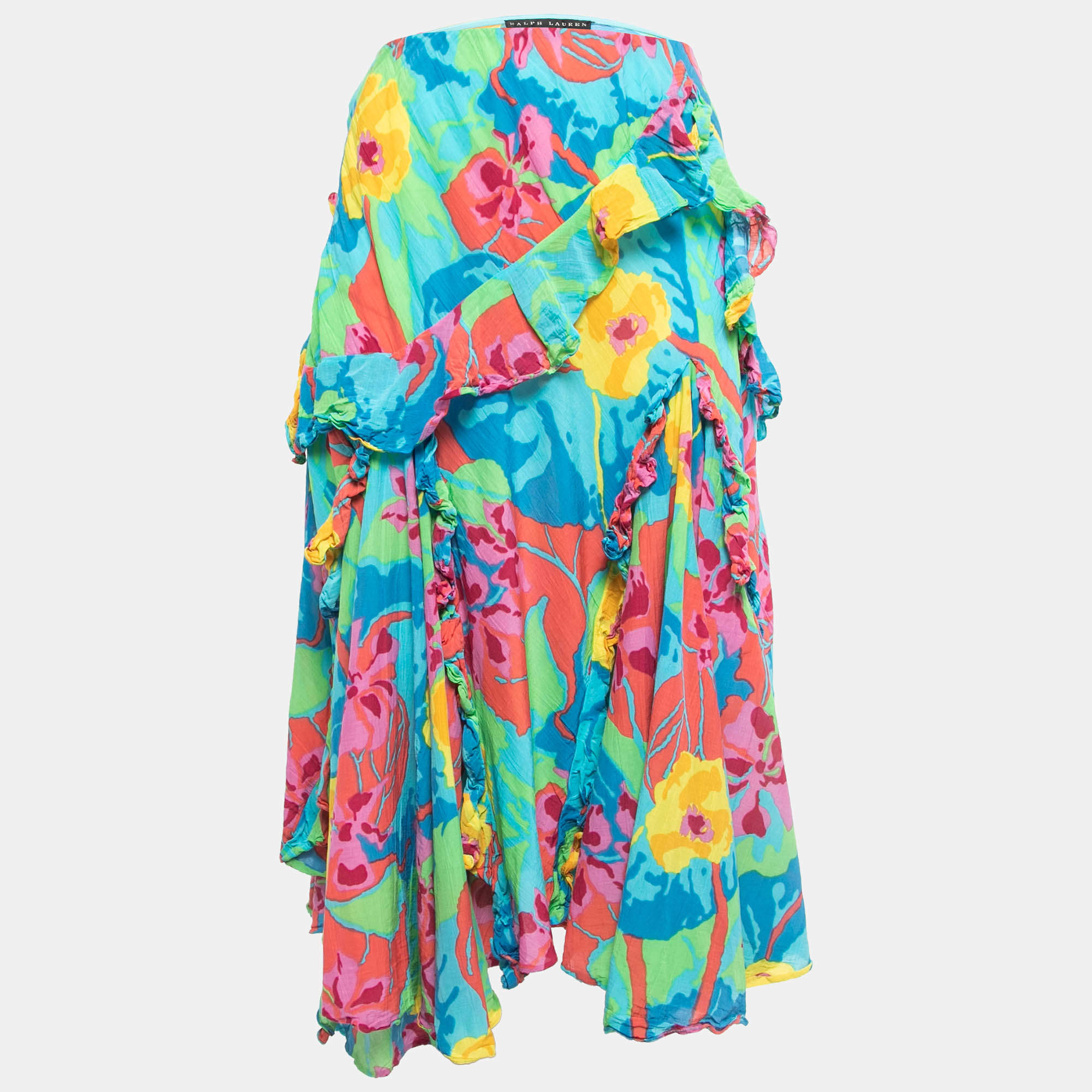 Pre Owned Ralph Lauren Multicolor Floral Printed Cotton & Silk Ruffled Midi Skirt S