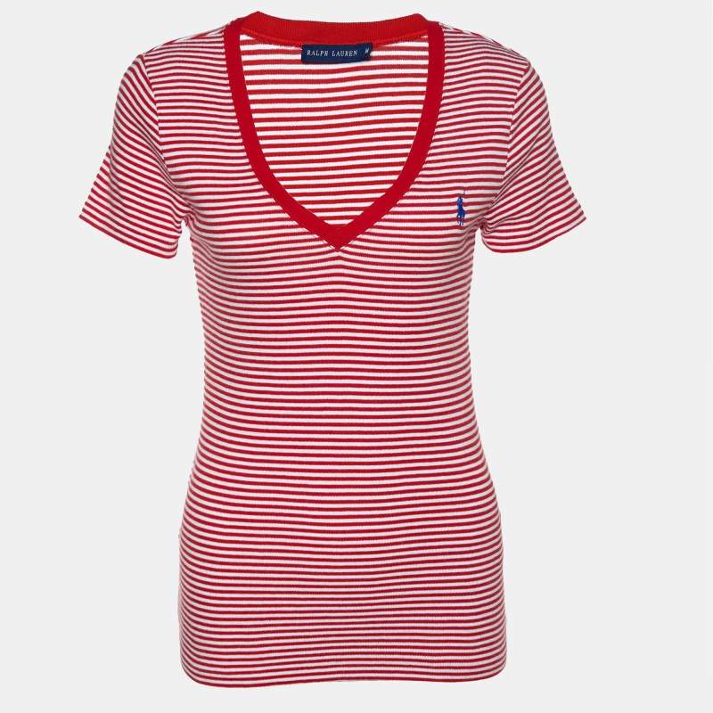 Pre Owned Ralph Lauren Red & White Striped Logo Embroidered V- Neck T-Shirt M