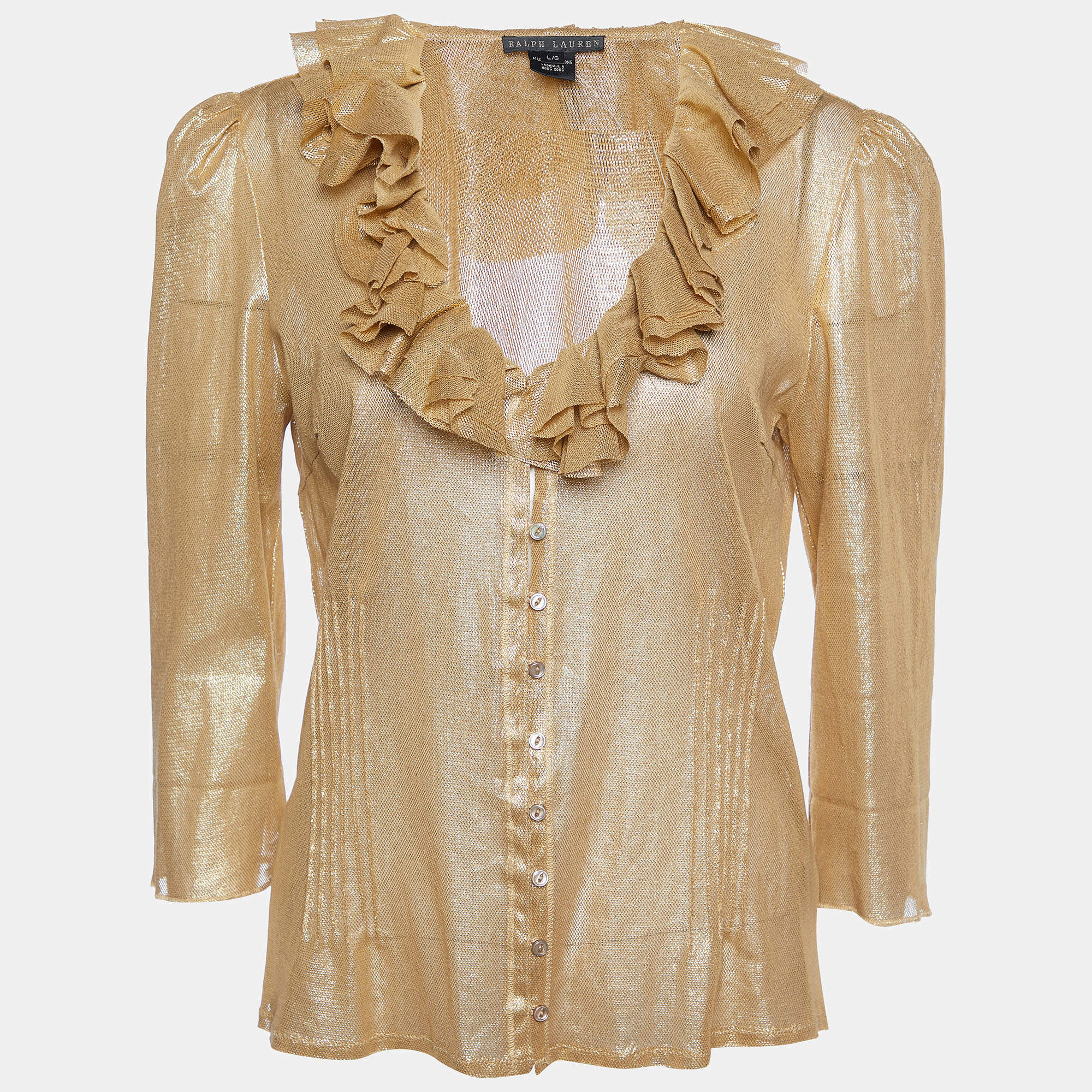 Pre Owned Ralph Lauren Gold Coated Mesh Ruffled Button Front Sheer Shirt L