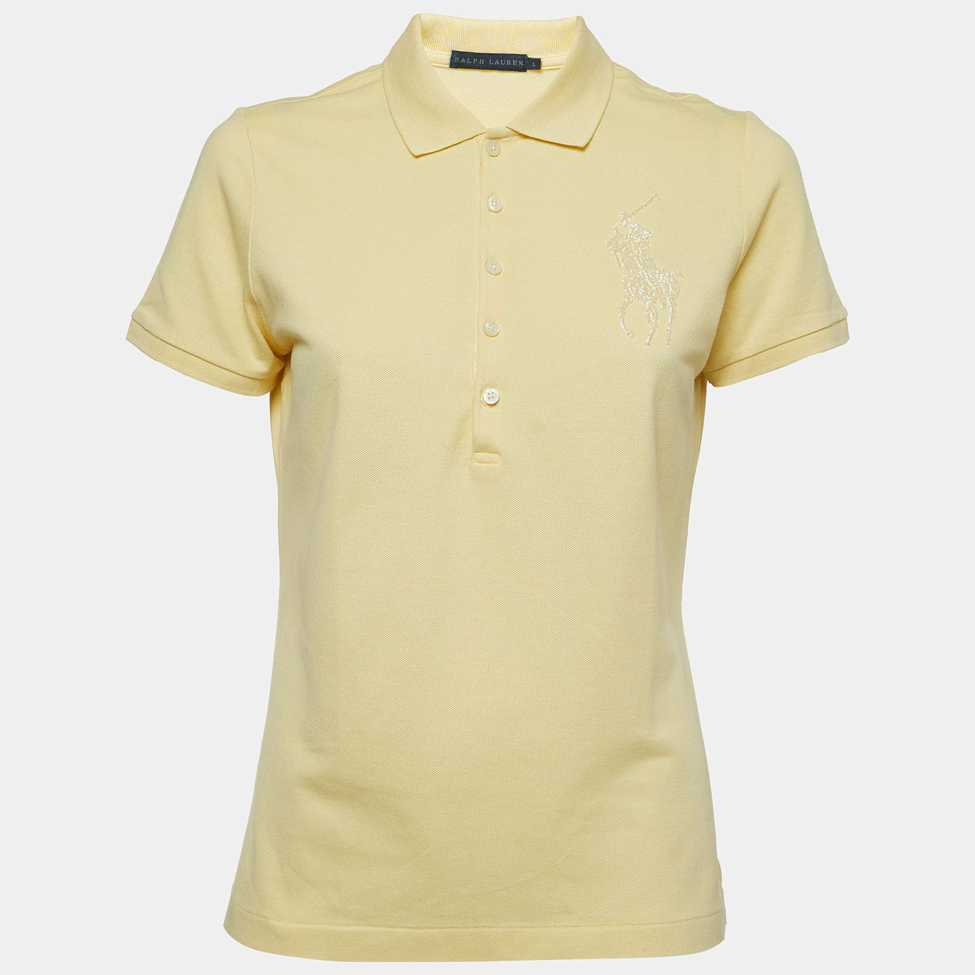 مملوكة مسبقًا Ralph Lauren Yellow Cotton Beaded Logo Polo T-Shirt L