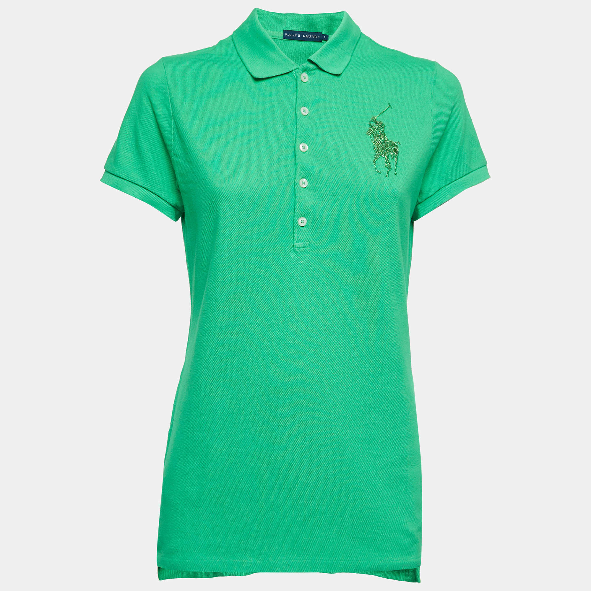 مملوكة مسبقًا Ralph Lauren Green Cotton Glitter Logo Polo T-Shirt L