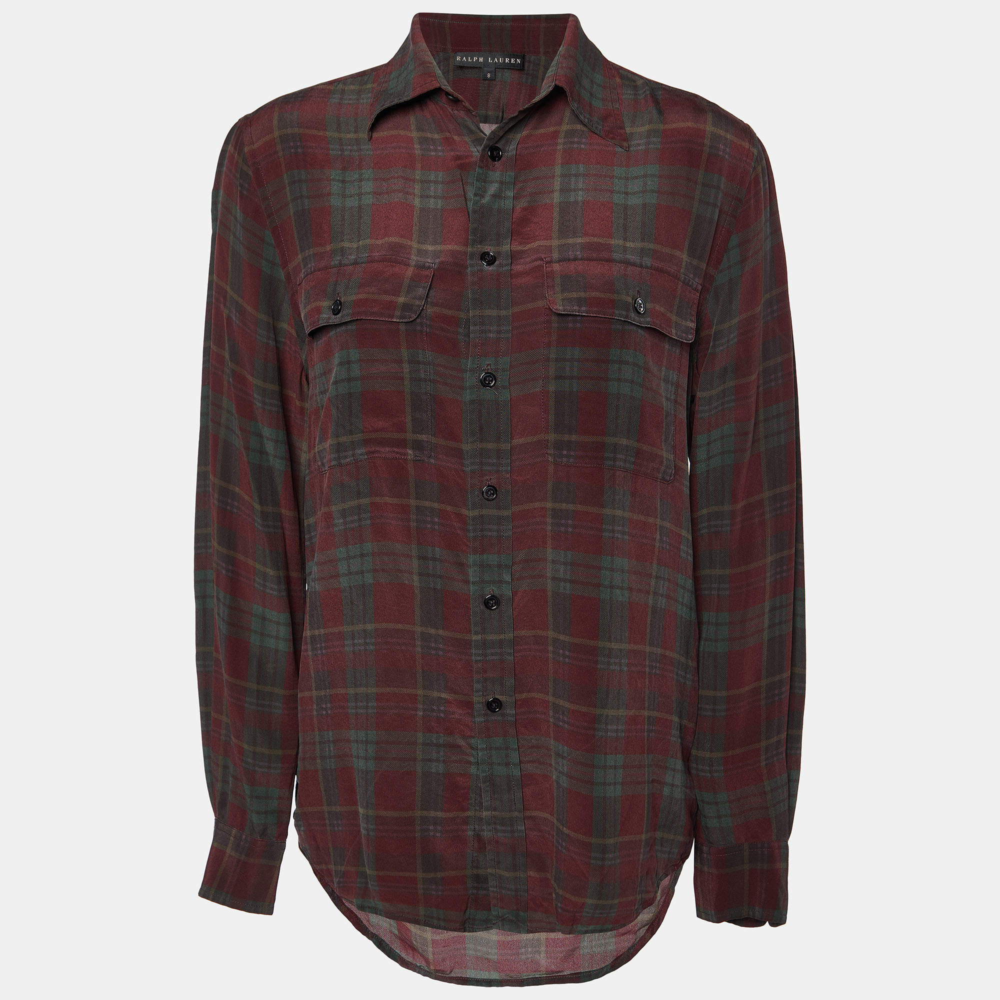 Pre Owned Ralph Lauren Burgundy Plaided Silk Button Front Shirt M