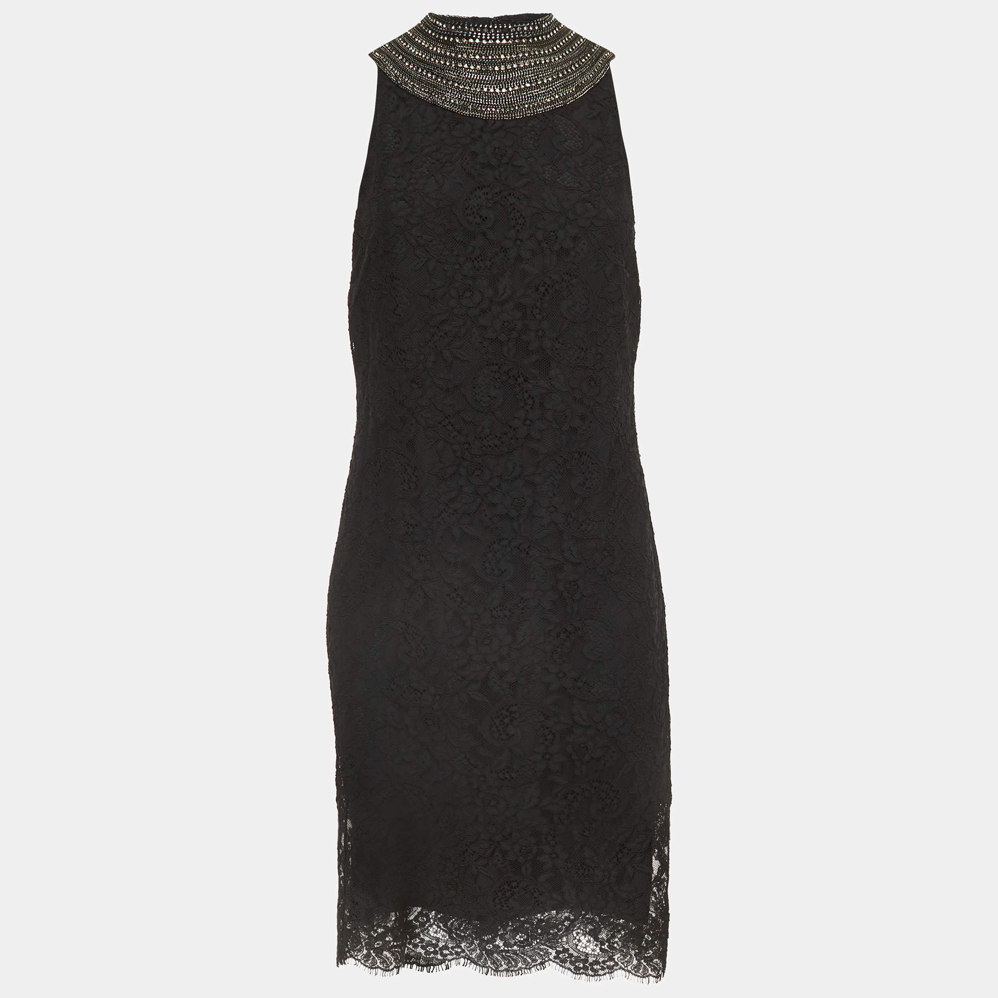 Pre Owned Ralph Lauren Black Floral Motif Lace Crystal Embellished A-Line Dress L
