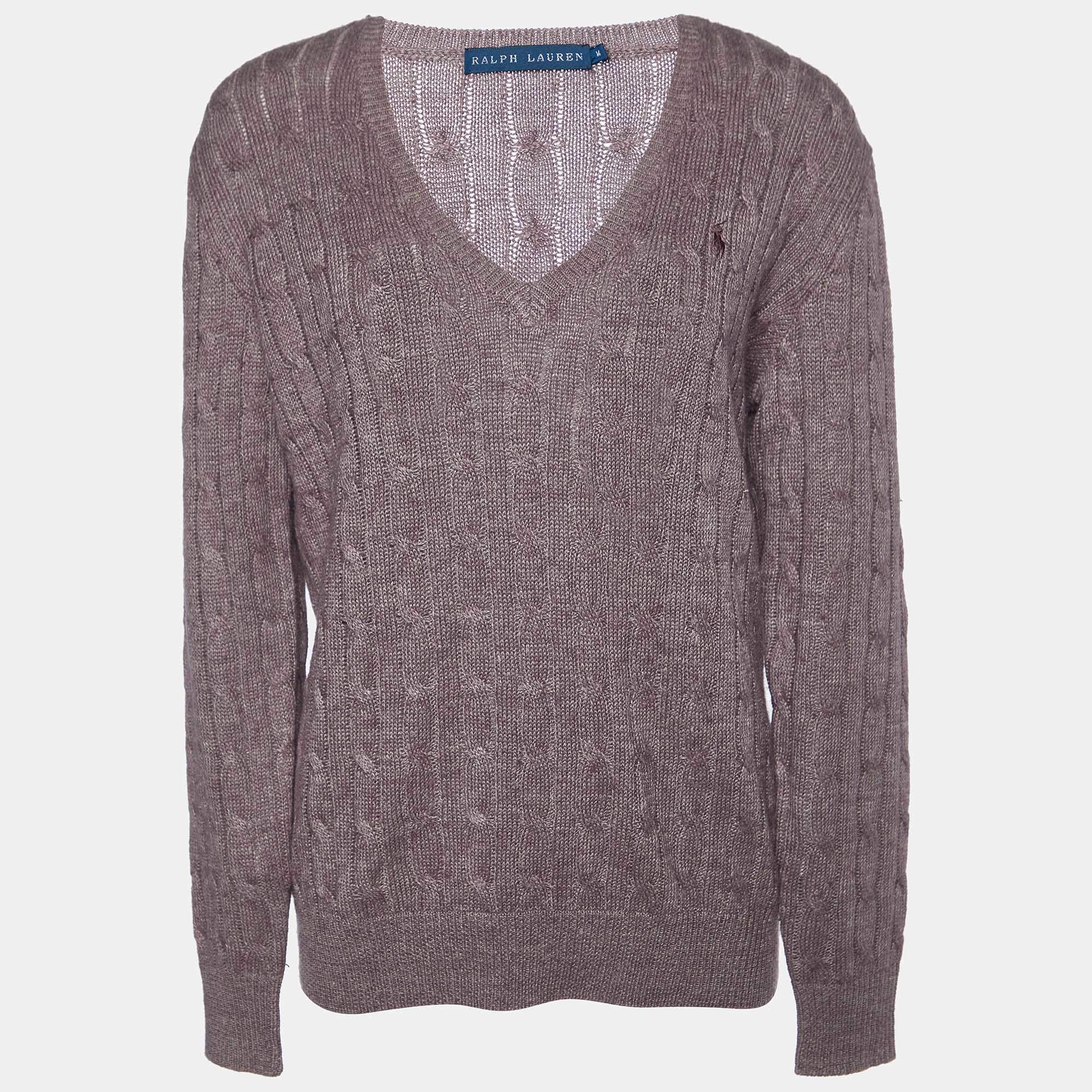 Ralph Lauren Purple Linen & Alpaca Knit V-Neck Sweater M