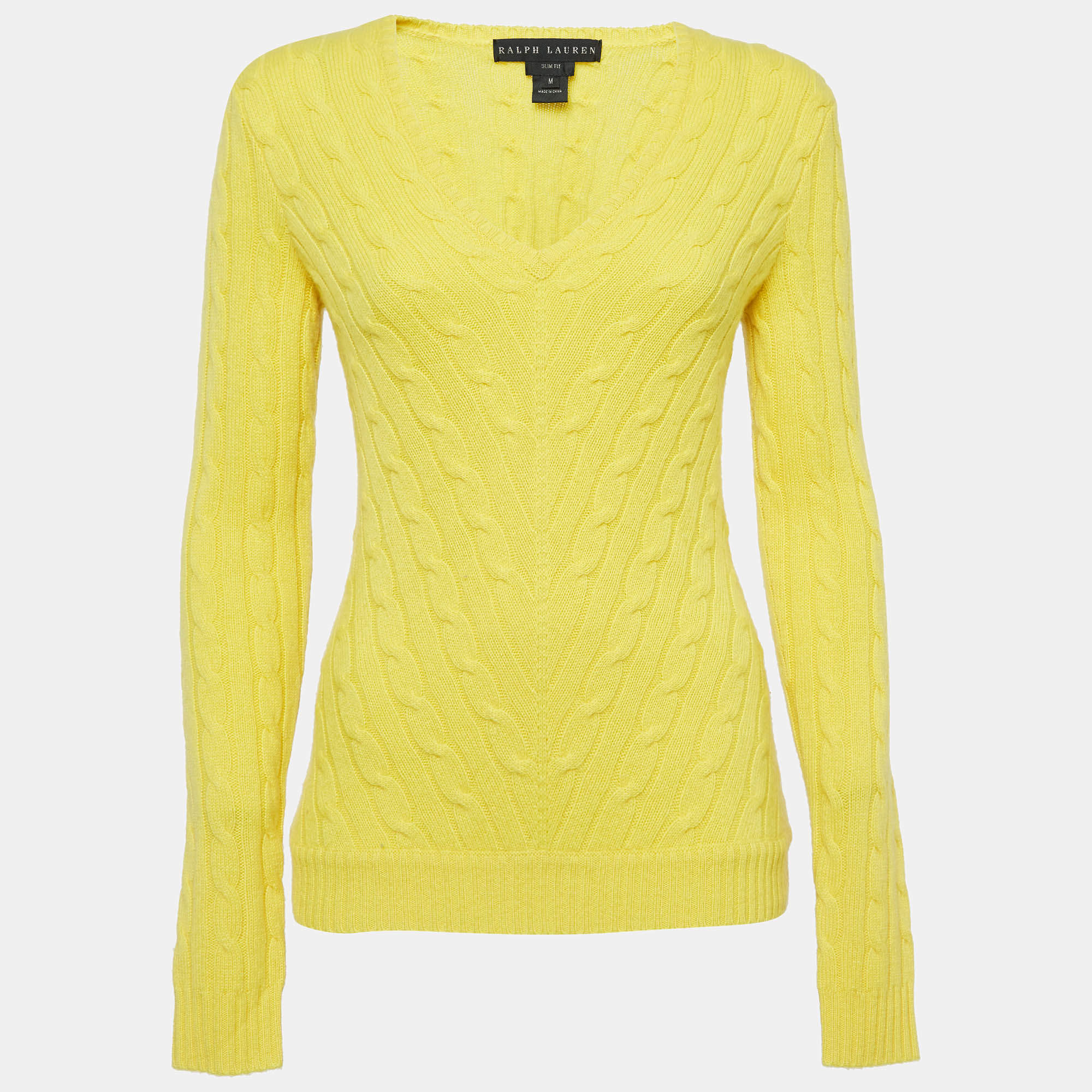 Pre Owned Ralph Lauren Yellow Patterned Knit Cashmere Sweater M