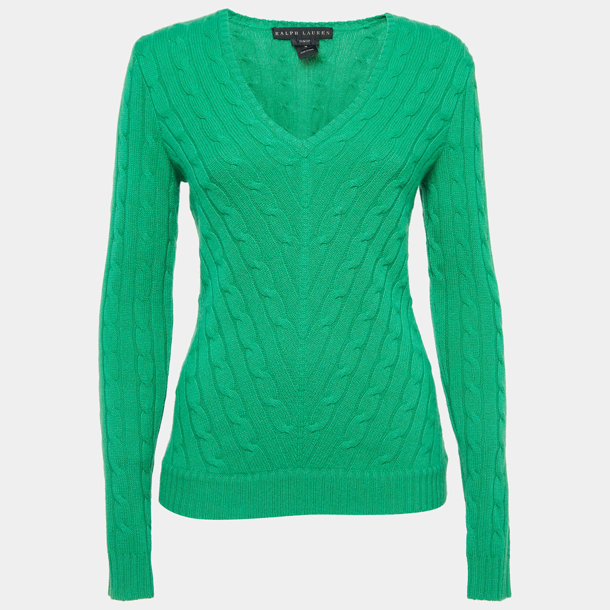 Pre Owned Ralph Lauren Green Patterned Knit Cashmere Slim Fit Sweater M