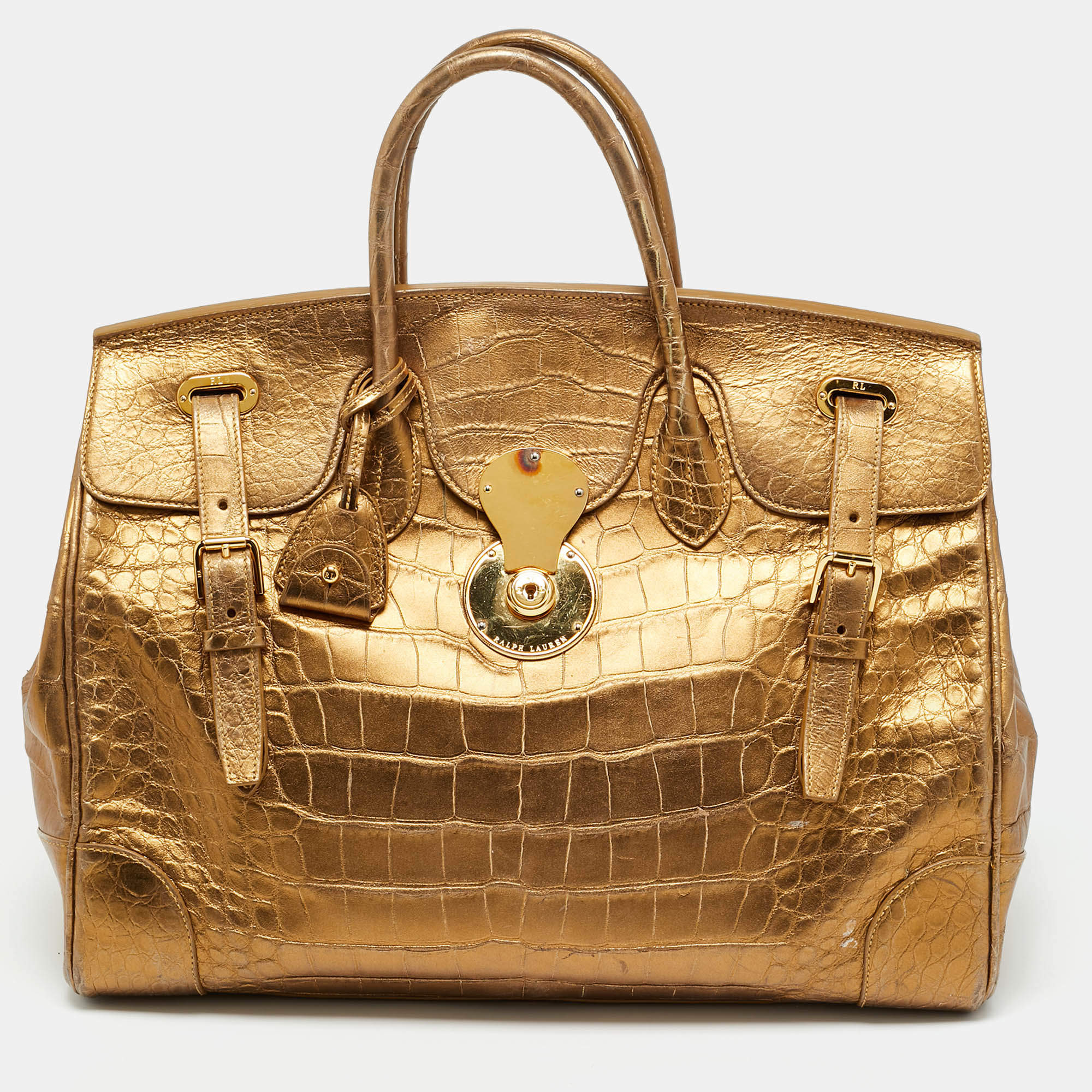 Pre Owned Ralph Lauren Gold Alligator Embossed Leather Ricky 40 Tote
