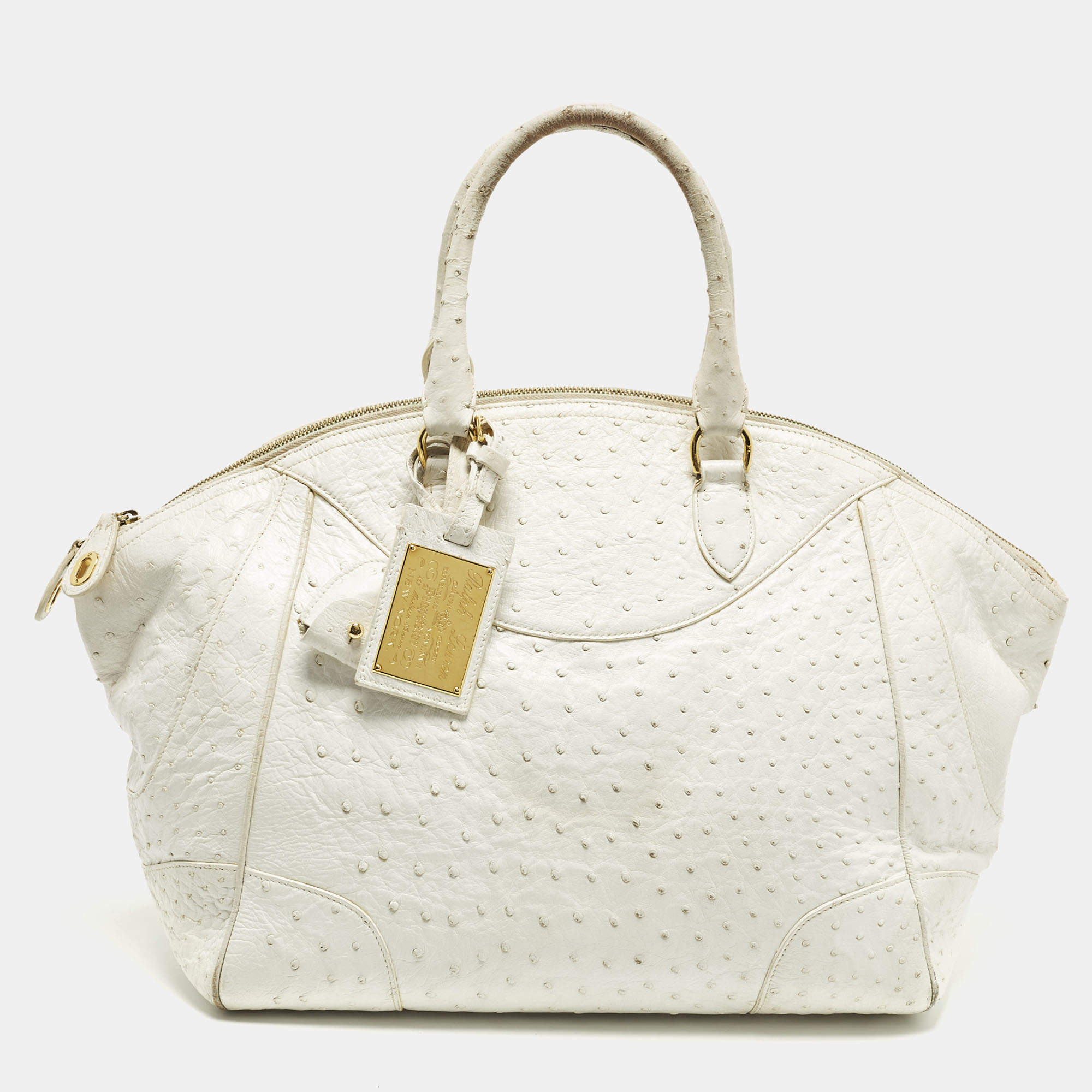 مملوكة مسبقًا حقيبة ساتشل رالف لورين جلد نعامة أبيض إصدار محدود بسوستة