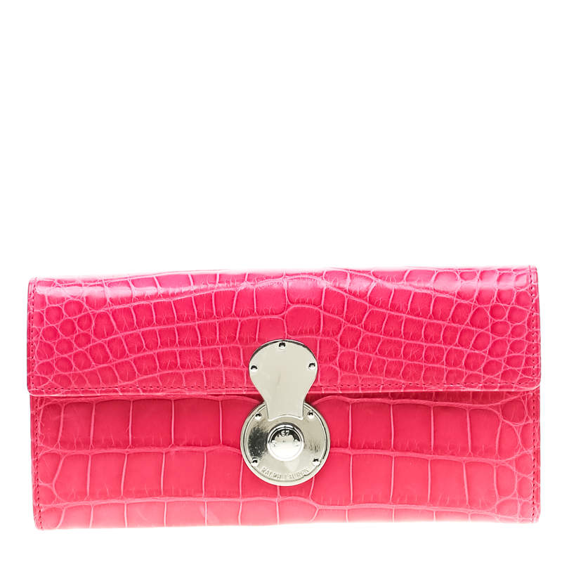 Pre Owned Ralph Lauren Pink Crocodile Ricky Continental Wallet