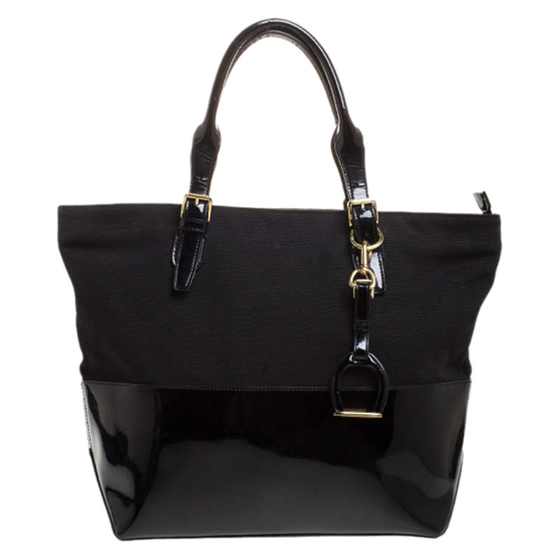 Ralph Lauren Black Patent Leather and Canvas Shopper Tote